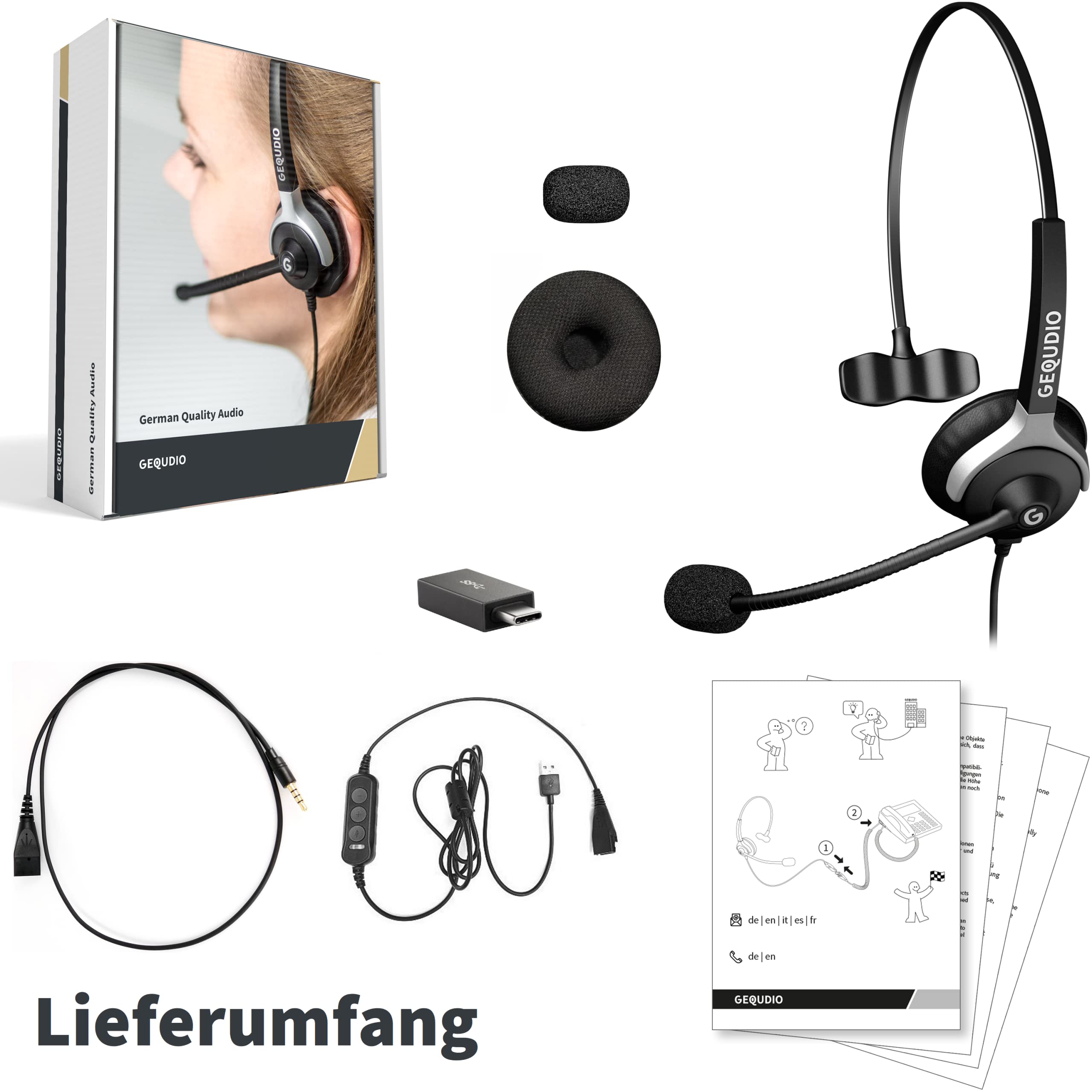 GEQUDIO 3-in-1 Business Headset mit USB-A, USB-C und 3,5mm Klinke kompatibel mit PC, Mac und Smartphone - Kopfhörer & Mikrofon Ersatz Polster - besonders leicht 60g (1-Ohr)