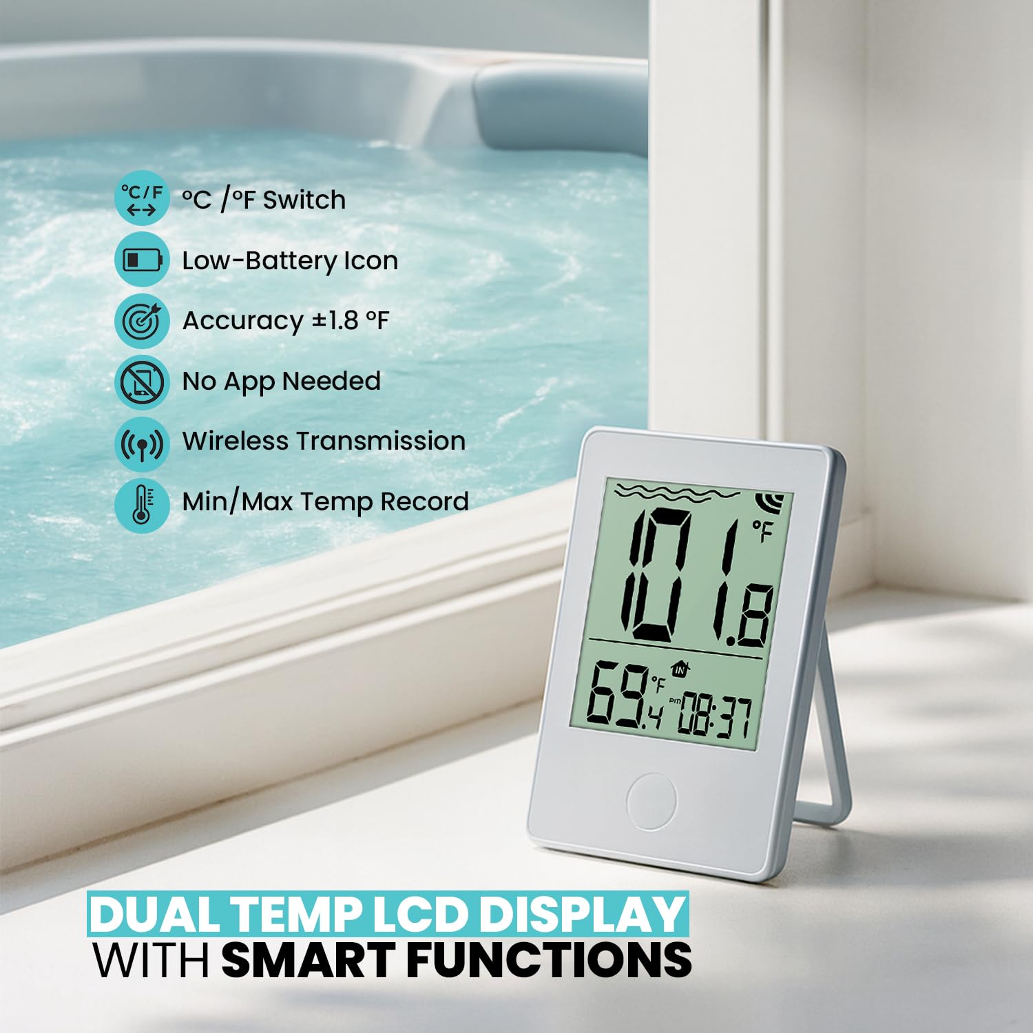 Pure55 SpaGauge - Termómetro inalámbrico para bañera de hidromasaje con baterías, termómetro impermeable IPX7 para piscina, flotante, medidor de temperatura digital fácil de leer con pantalla interior
