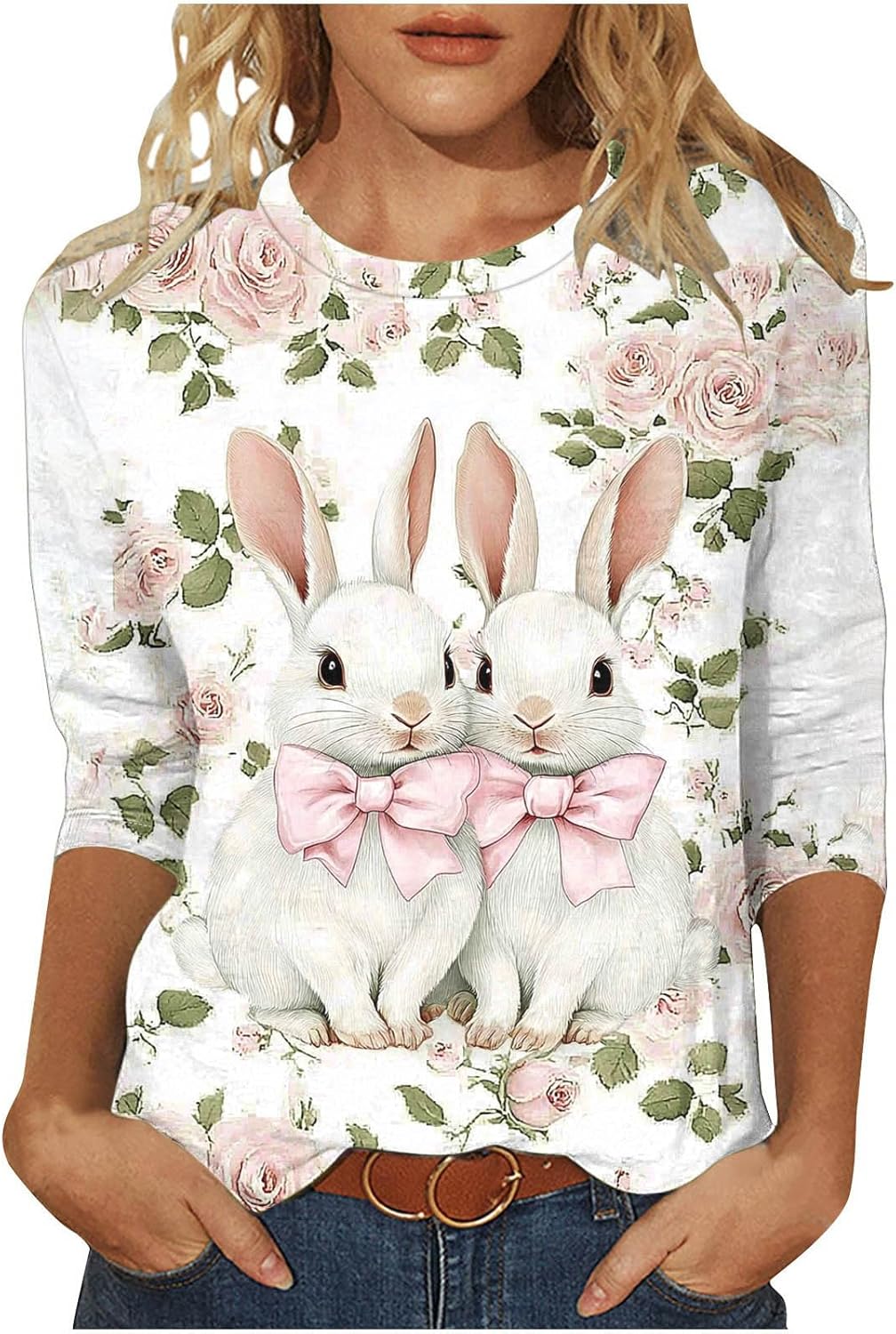 Funny Bunny Print 3/4 Sleeve T Shirt for Women Cute Grapic Rabbit Shirts Family Blouse Gifts Easter Blouses Tops Tee