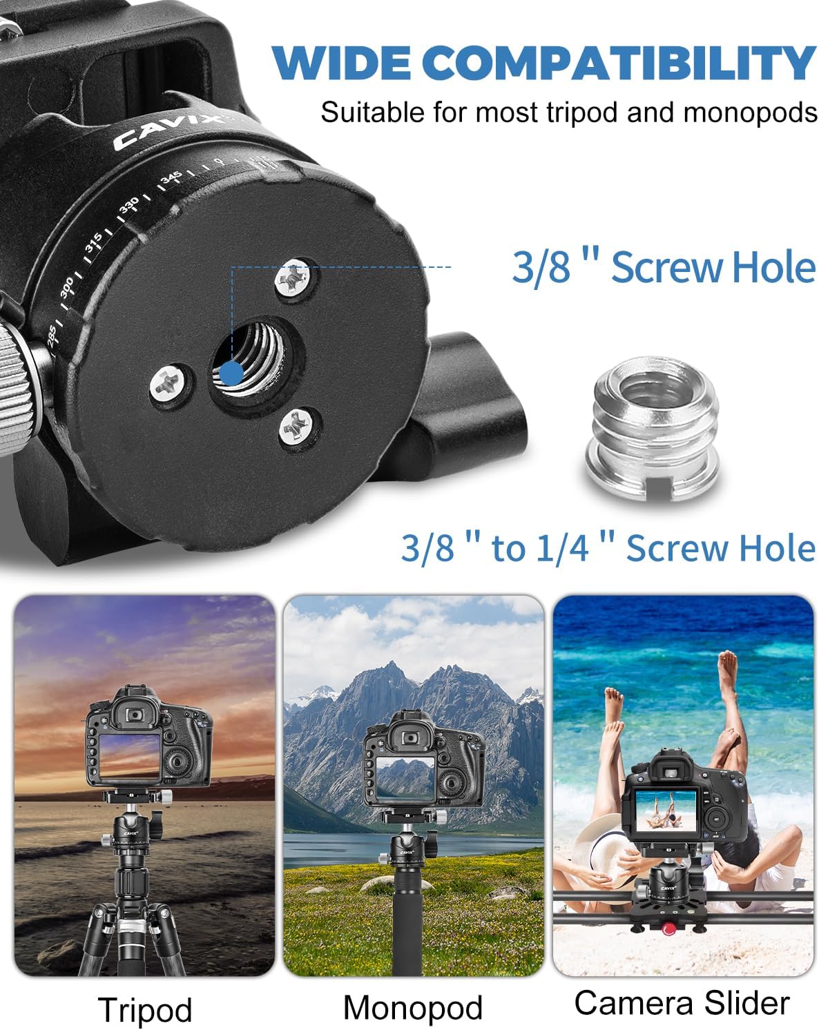 CAVIX Ball Head Mount with 1/4" Screw Arca Type Quick Release Plate 360 Degree Swivel Tripod Ball Head Loading 22lb/10kg