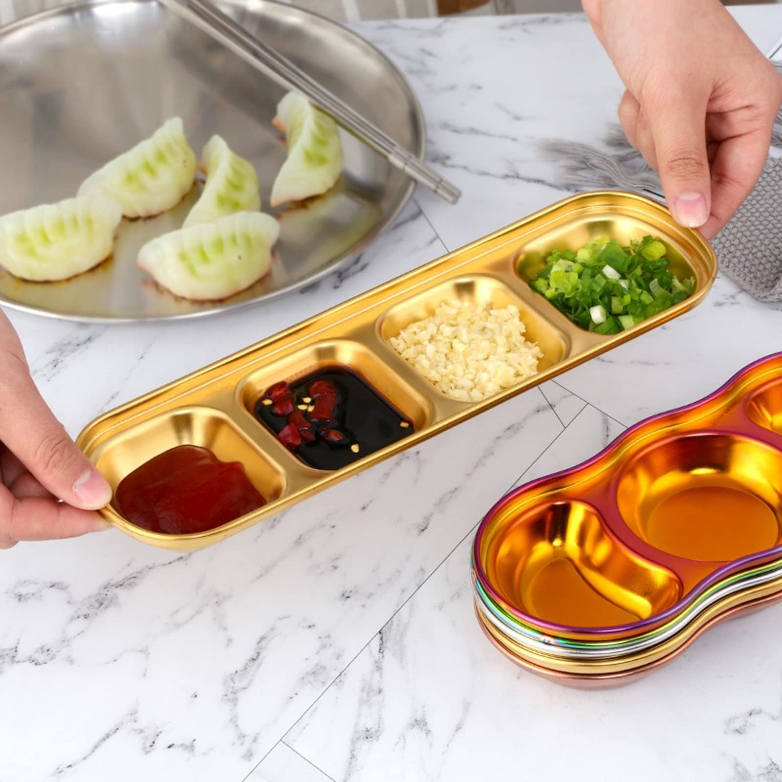 4 Grid Gewürz Sauce Gericht Edelstahl Kleine Dip Schüssel Butter Sushi Platte Essig Soja