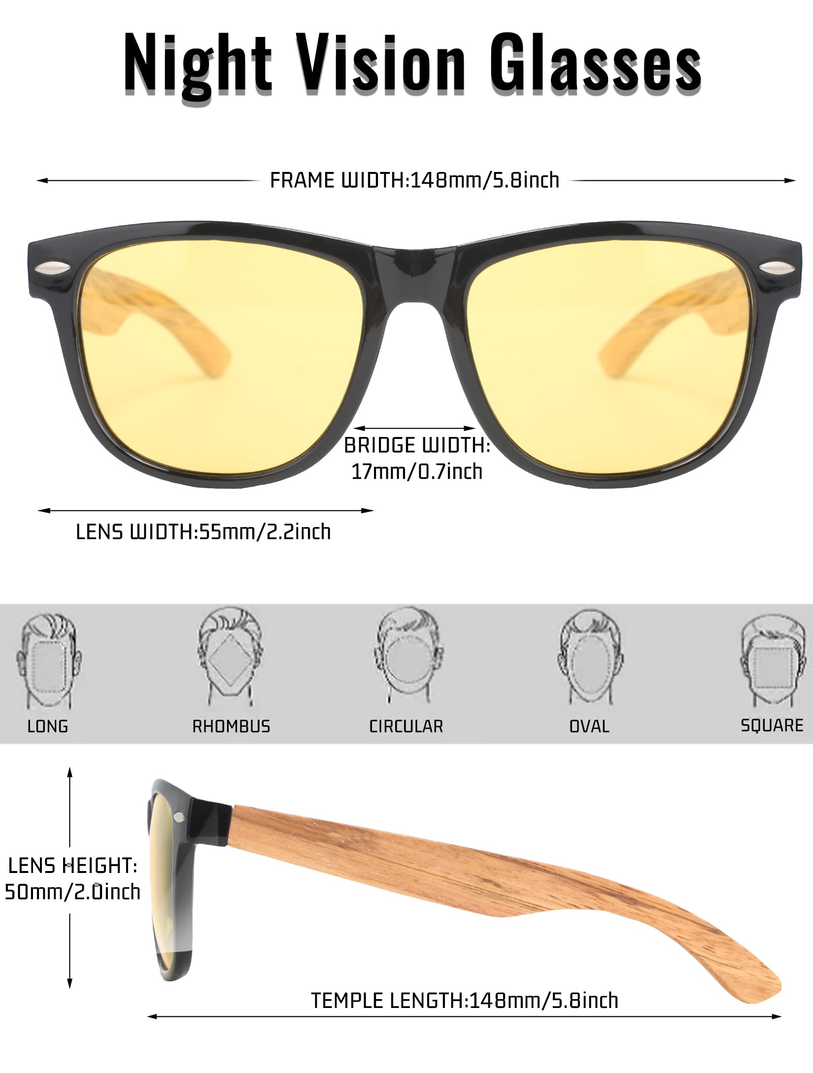 Lunettes en Bois Homme Femmes: Protection UV400, Conduite | Réduit l'Éblouissement des Phares pour Pluie Brouillard - Verres Jaunes - Non Polarisées