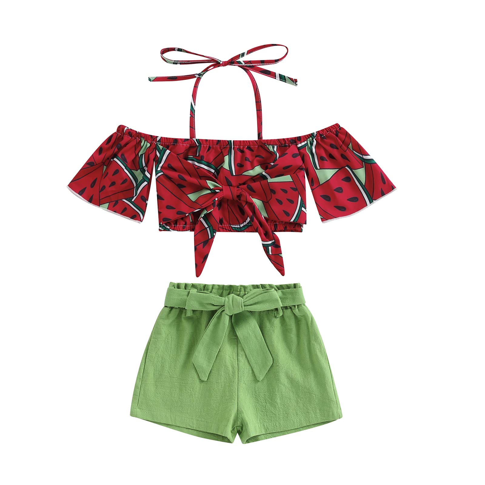 Toddler Baby Girl Summer Clothes Short Sleeve Fruit Floral Print Halter Crop Top Belted Shorts 2Pcs Outfit (18-24 Months,Red Watermelon)