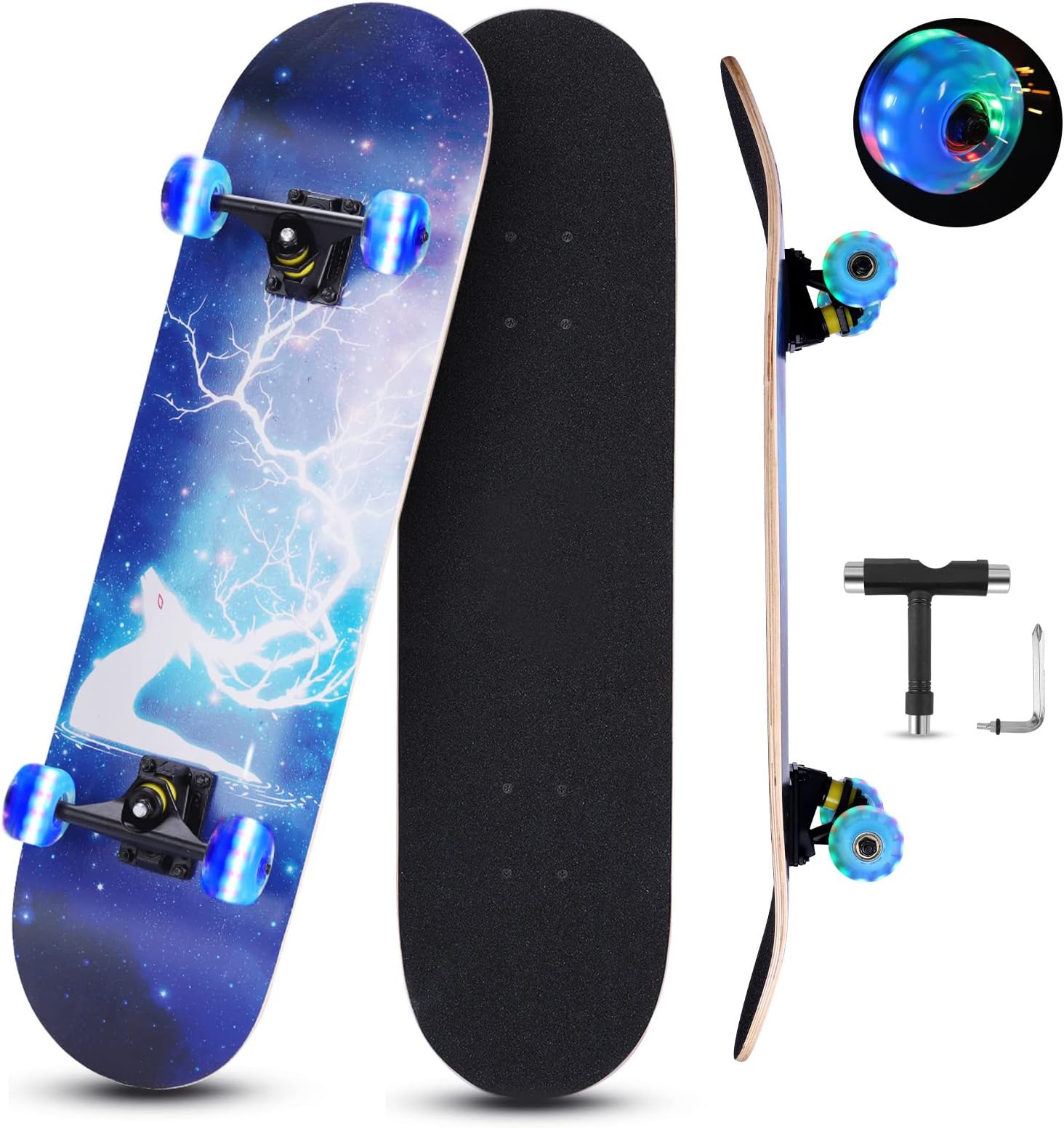 Standard Skateboard,31" x 8" Pro Complete Skateboard,9-Layer Canadian Maple Deck Skateboard with Colorful Flashing Wheels for Beginner,Adult,Youth,Kids Balance Development