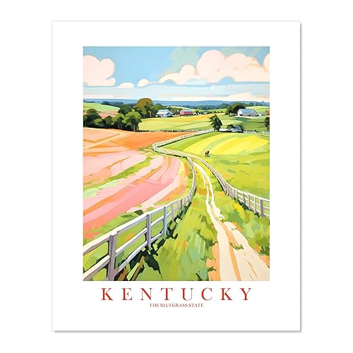 Kentucky Travel Print Bluegrass State Souvenir KY Horses Nature Pink Green Wall Art Retro Poster Landscape Painting (12x16 inches)