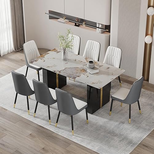 Miniatura 27 de Juego de mesa de comedor moderno de 71 pulgadas para 6, juegos de comedor para 6, mesa de mármol sintético de cocina y sillas de piel sintética,