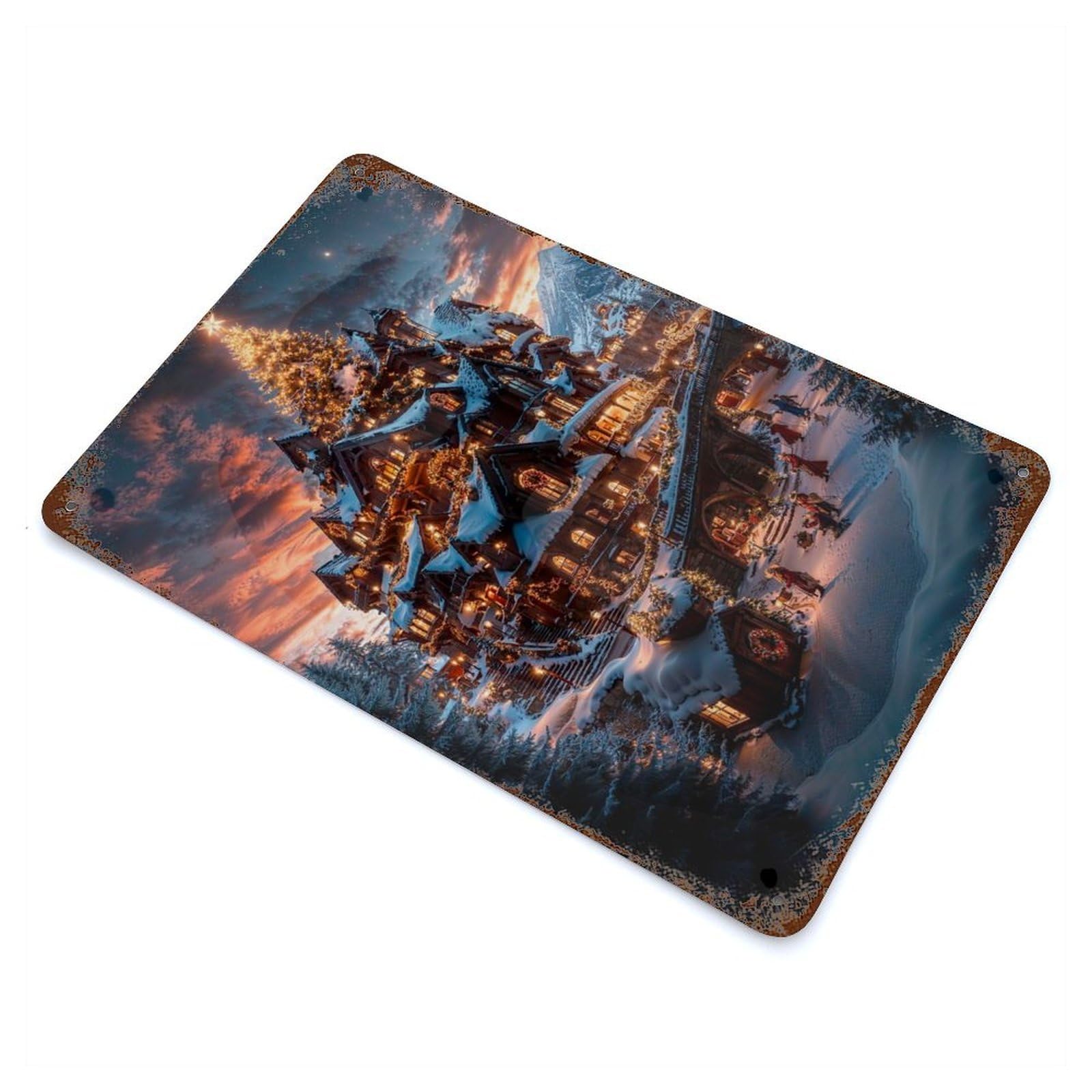 Christmas Village Fantasy Vintage Wall Sign 11.8"x7.9", Rust Effect Metal Decor for Living Room, Hallway And Home Decor
