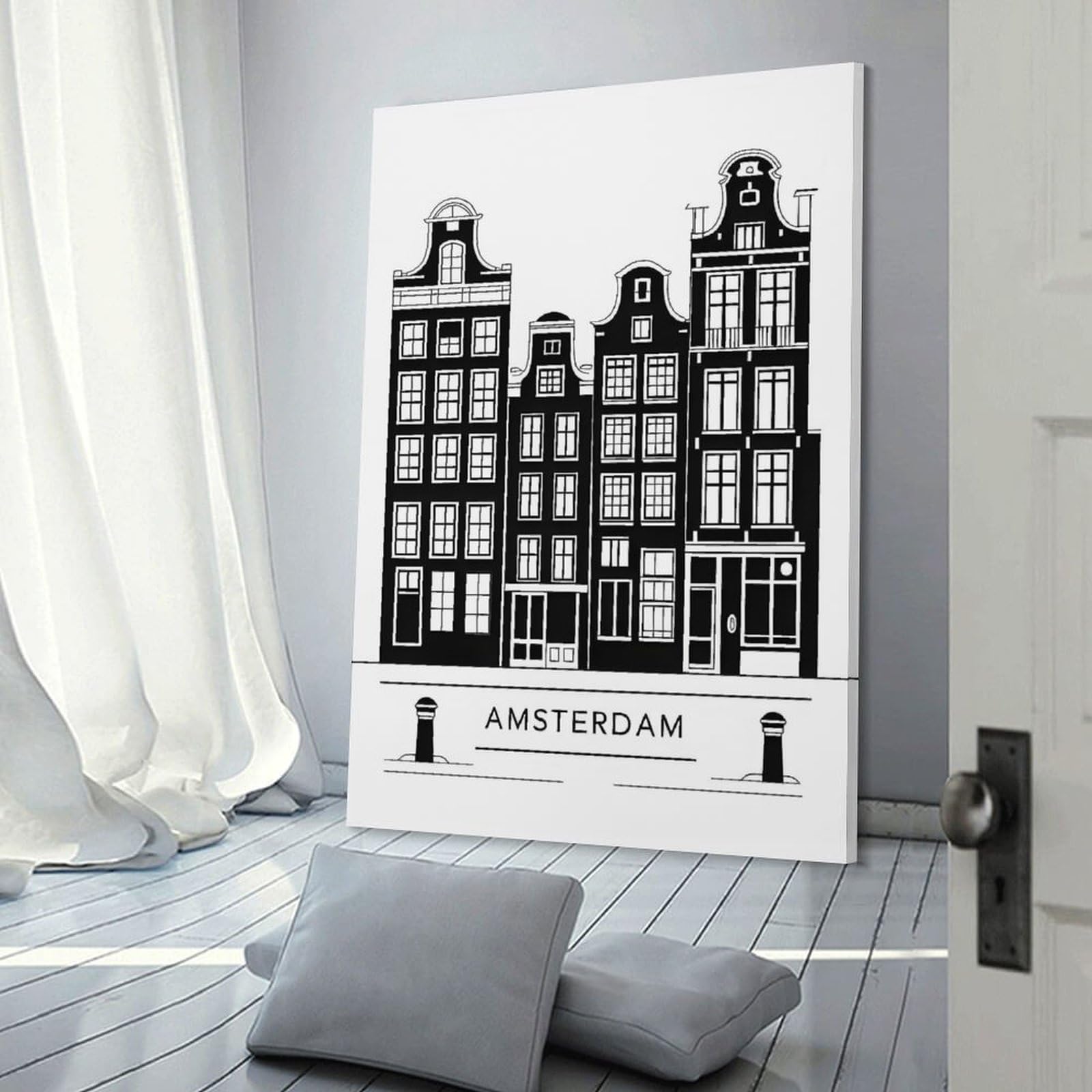 Junmoney Room Decor Wall Art Amsterdam Buildings Black And White Illustration, 08x12inch(20x30cm), for Gallery Wall Decor And Room Displays, An Easy Match for Collected Prints