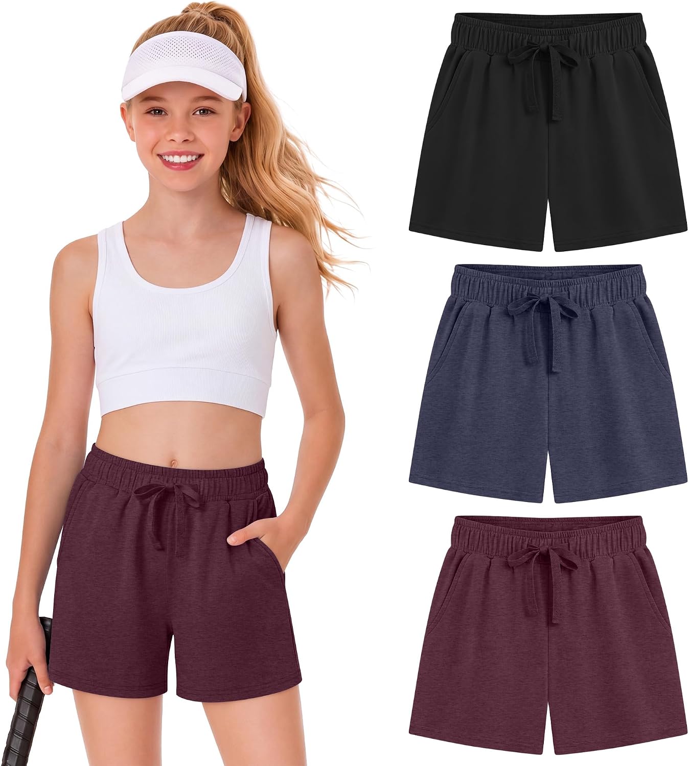 3 Pack Girls' Athletic Shorts Kids Active Drawstring Basketball Soccer Running Baggy Shorts with Pockets 5-14 Years