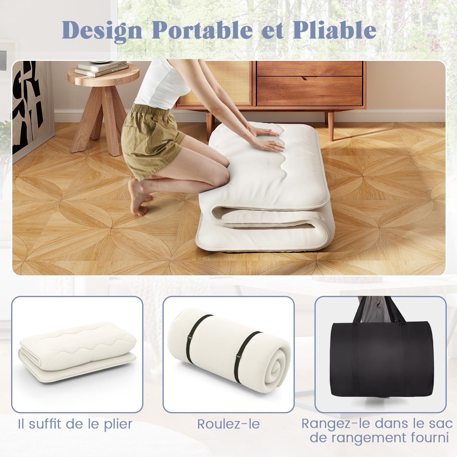 COSTWAY Matelas Futon Portable Pliable, Matelas Futon Japonais 90 x 200 cm, Housse Lavable, Matelas de Sol avec Sac de Transport, pour Le Camping, Les Voyages, d'Invités (Beige)