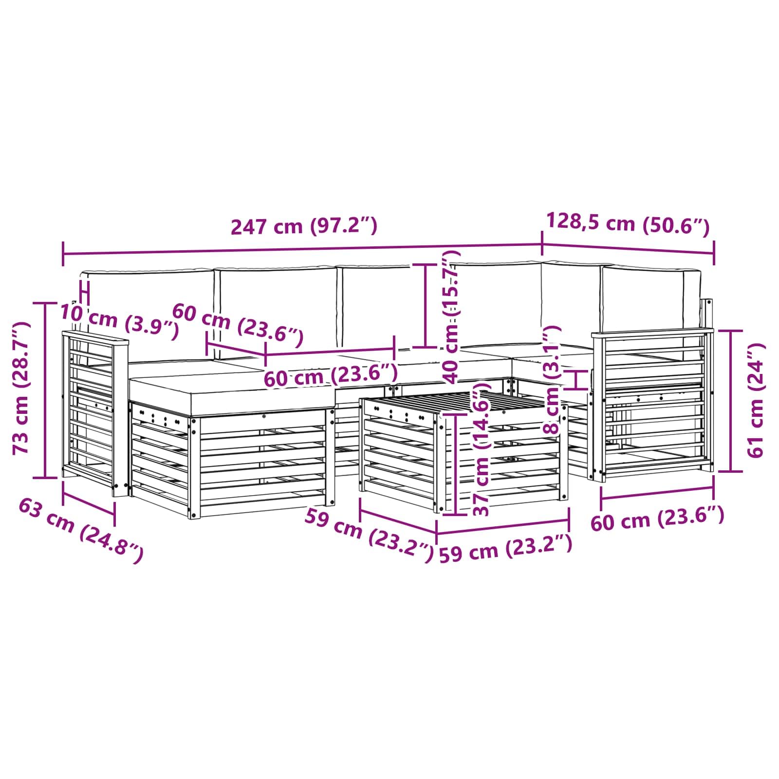 Ensemble de Canapés d'Extérieur 7 Pièces en Bois d'Acacia Massif, Salon de Jardin Modulaire avec Table et Coussins Blanc et Gris Clair, Mobilier de Terrasse Design pour 5 Personnes
