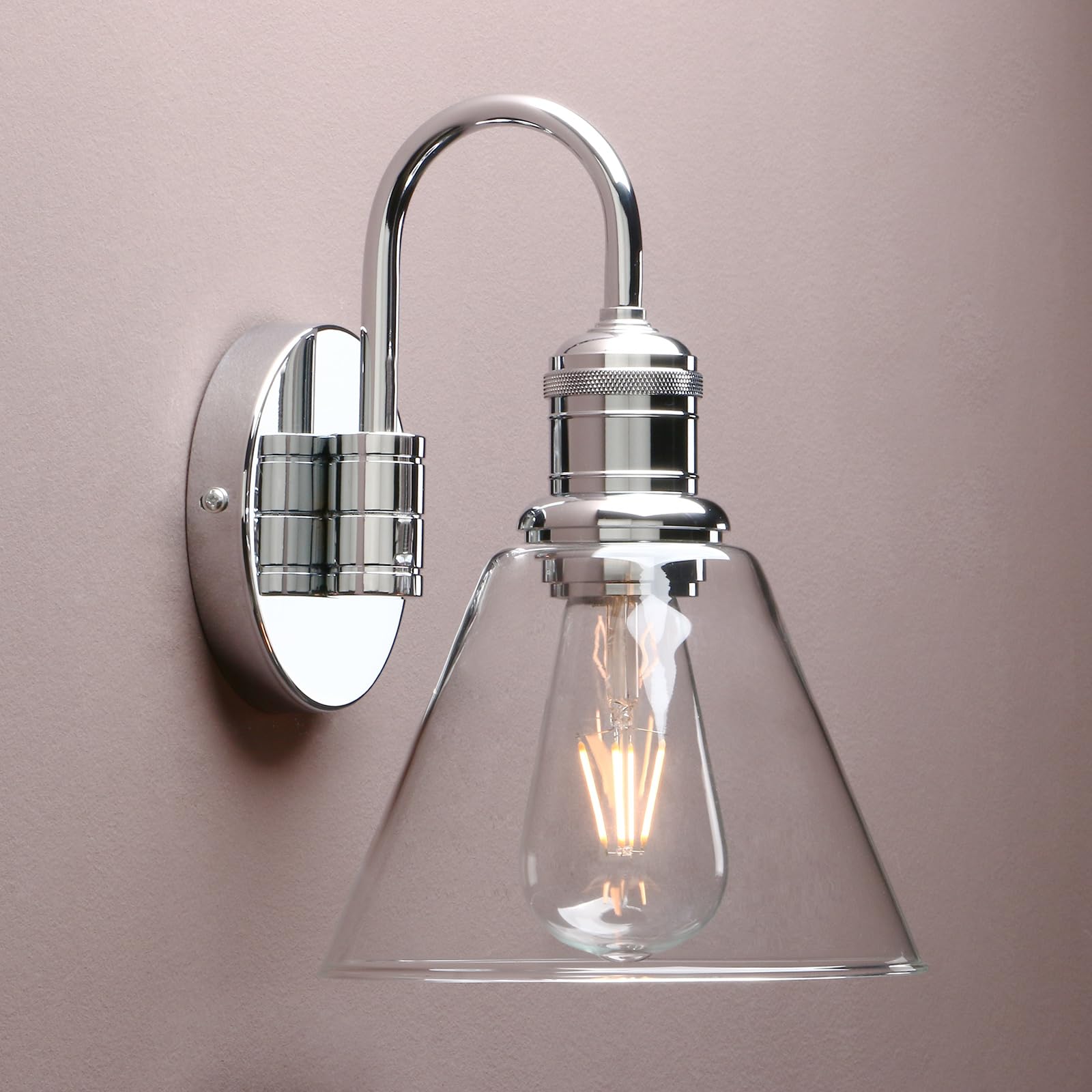 Yosoan Chrome Lighting Modern Vintage Industrial Glass Sconce Wall Light Fitting With 7.3” Clear Glass Lampshade, For Office Home Kitchen Living Room Bedroom Loft Bar (Chrome)