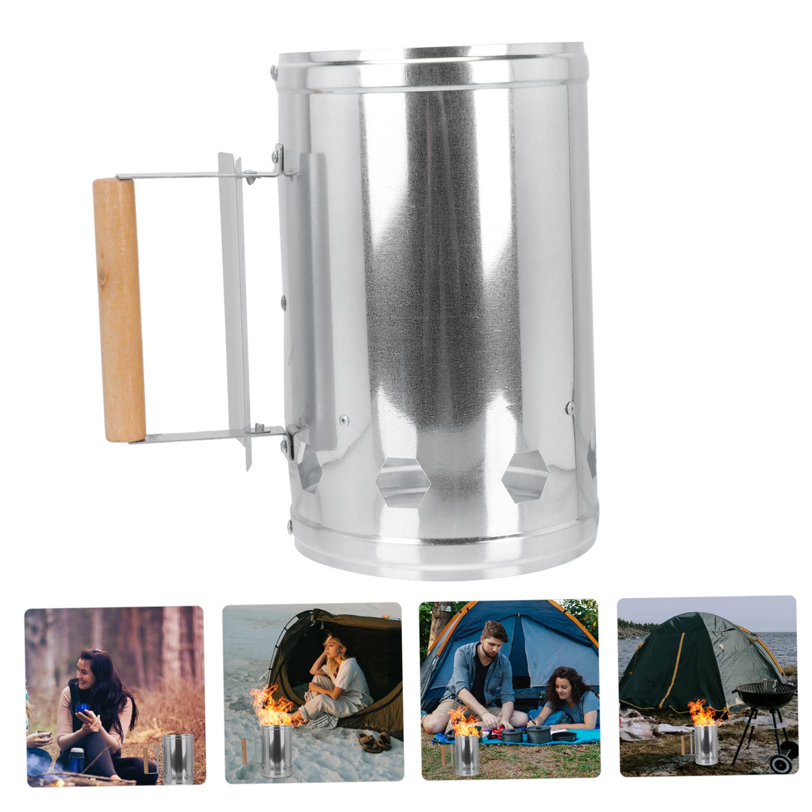 Ciminiera Starter Barbecue, Accenditore Rapido per Carbone | Secchio Accensione Fuoco, Alluminio Argento Base Ampia e Schermo Termico, per Viaggi e Grigliate
