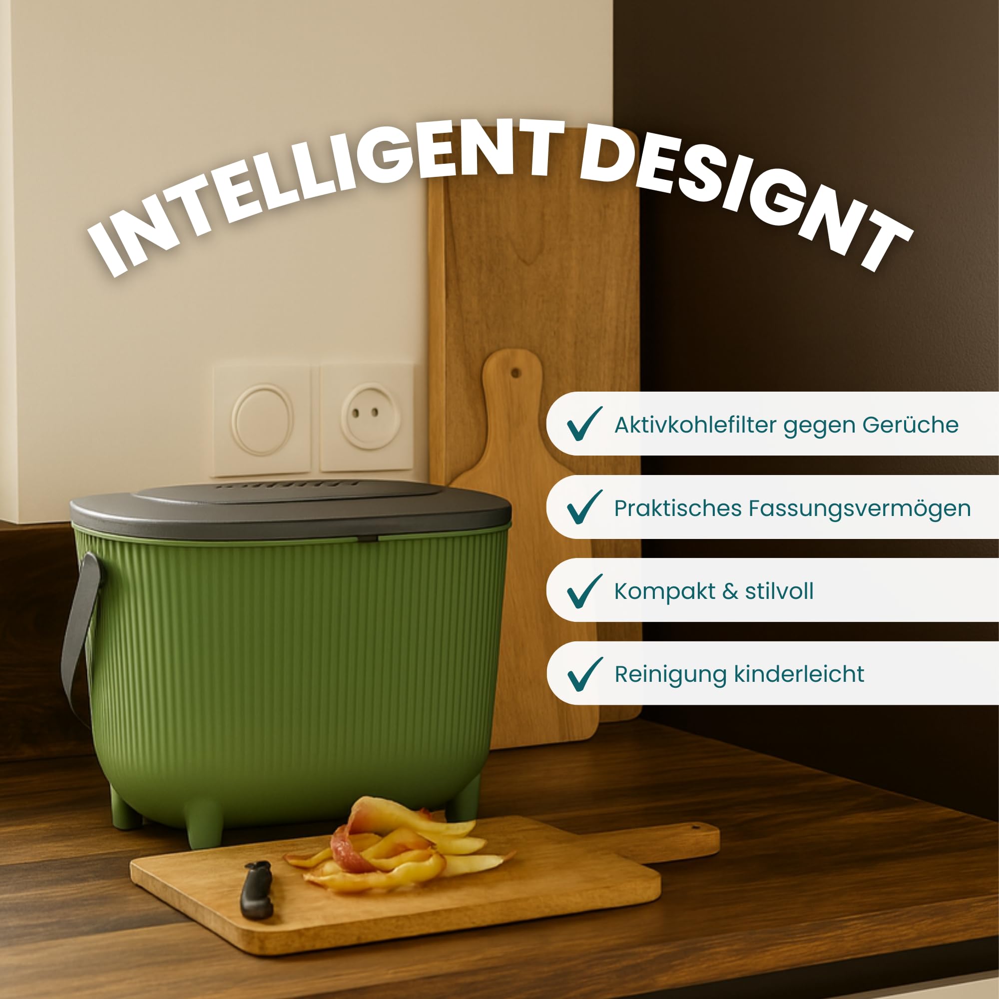 Secchio per compost biologico da 10 l con coperchio, filtro ai carboni attivi e maniglia per il trasporto, salvaspazio e inodore per cucina, riciclabile, verde con coperchio grigio, Kamai Home