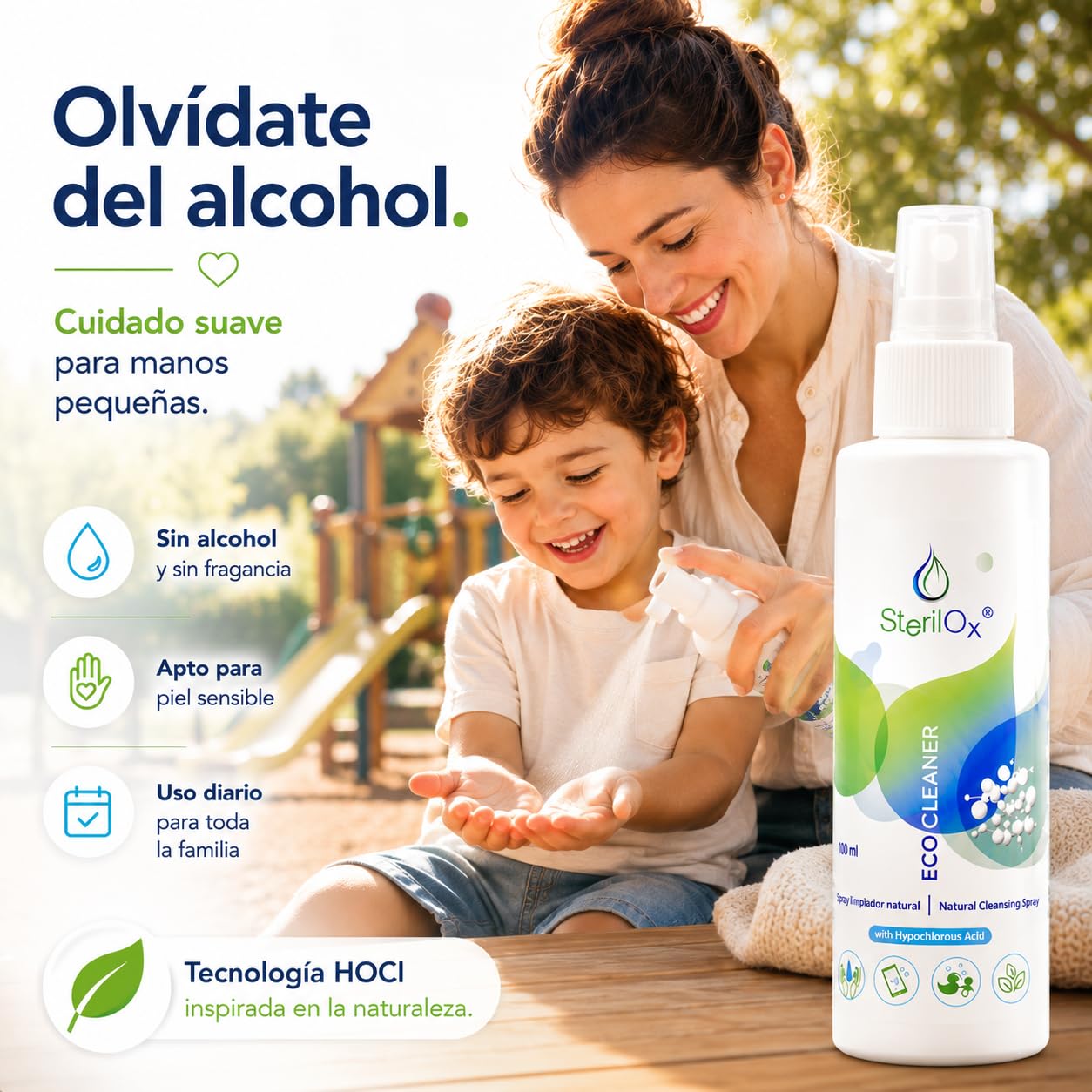 Spray Natural para la Piel y Accesorios – Con Ácido Hipocloroso (HOCl) – Sin Alcohol ni Perfume – Suave y Seguro para Bebés, Niños y Piel Sensible – 100 ml