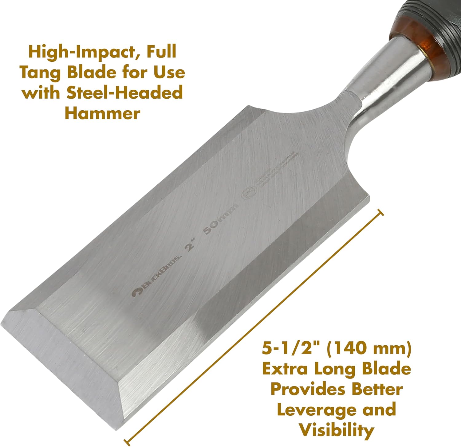 Buck Bros. 74819 2-Inch Wood Chisel, Full Tang Wood Carving Tools, Woodworking Tools for Carpentry, Trim Work, and DIY Projects, Hardened Steel Blade, Beveled Edge, Durable Non-Slip Handle