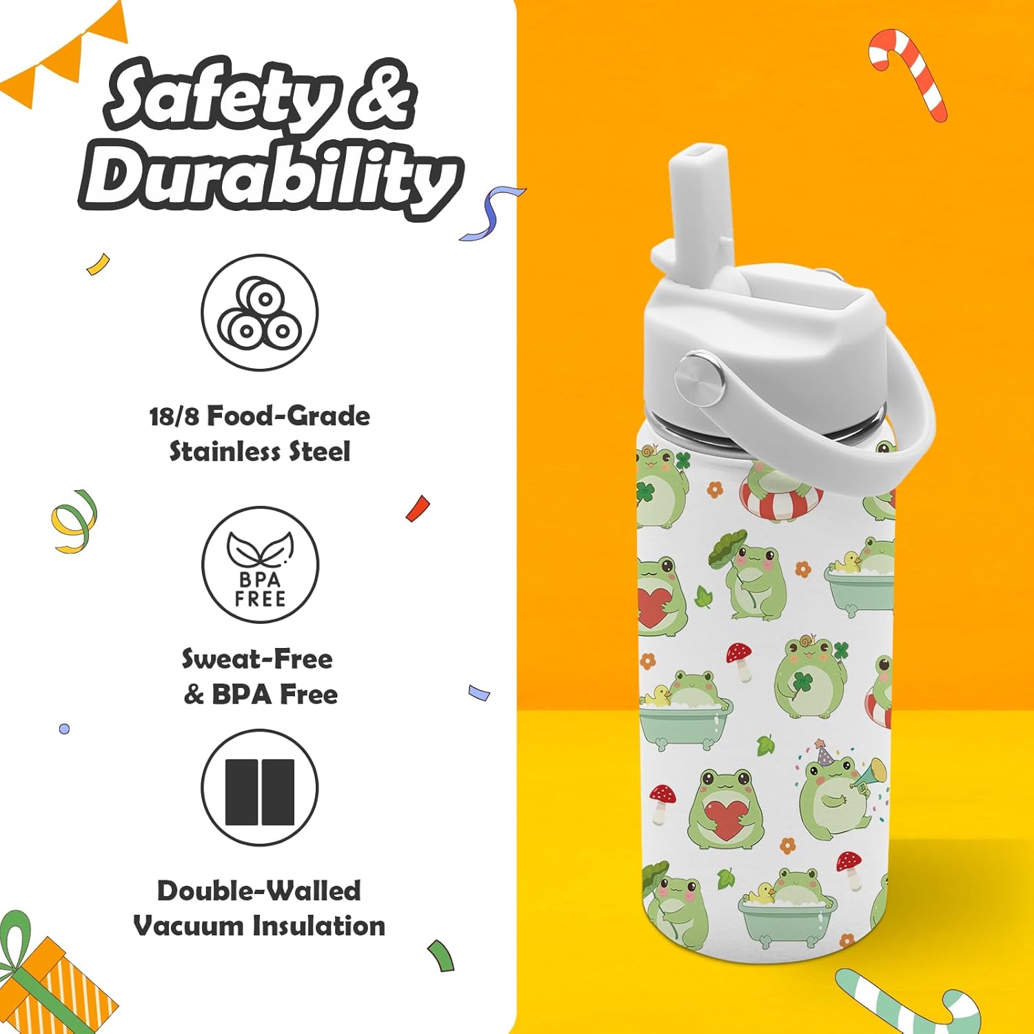 Frog Water Bottle - Frog 16oz Stainless Steel Water Bottle with Straw - Cute Frogs Insulated Cup for Girls Boys - Frogs Kids Tumbler for School, Sports, Travel - Image 4