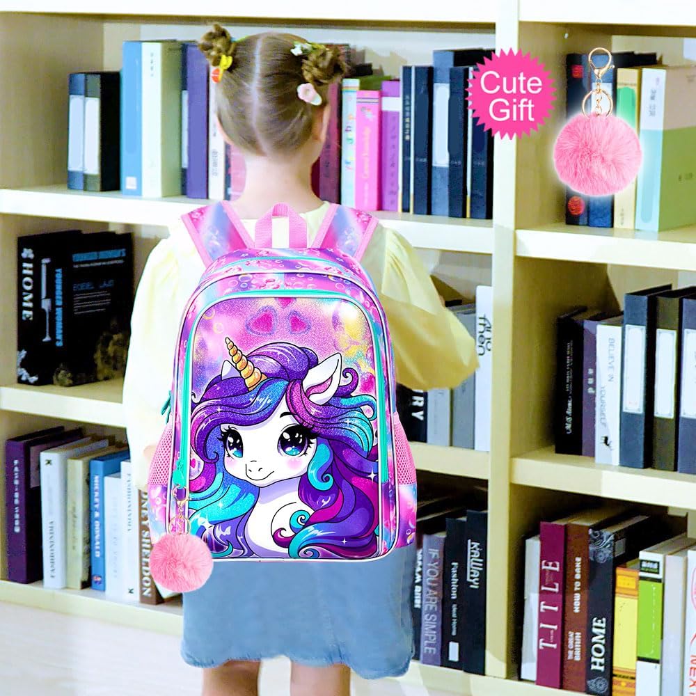 WZLVO 3PCS Unicorn Backpack for Girls, 16'' Kids Preschool Bookbag Set, Cute Water Resistant Kindergarten Elementary School Bag with Lunch Box - Image 7