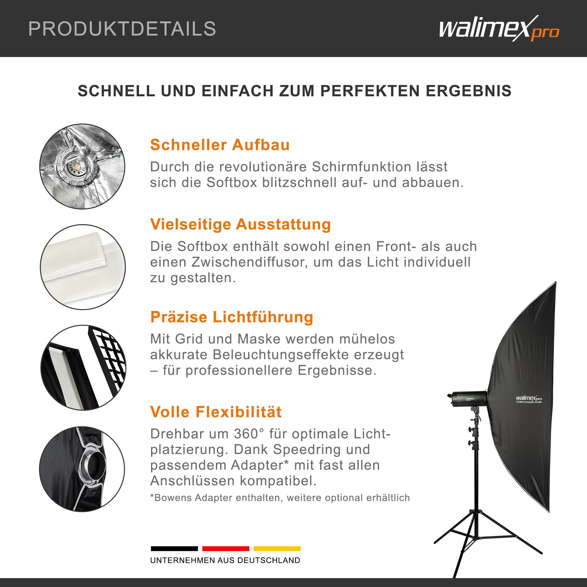 Walimex pro Studio Striplight Softbox 40 x 180 cm, Giratorio 360°, fácil Montaje Gracias a la función de sombrilla, Incluye Rejilla, máscara, Adaptador Bowens y Bolsa de Transporte, Ideal para