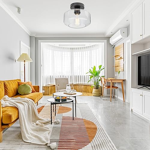 Miniatura 7 de Lámpara de techo industrial semiempotrada, bombilla LED de 800 lúmenes incluida, accesorio de lámpara de techo con pantalla de vidrio transparente,