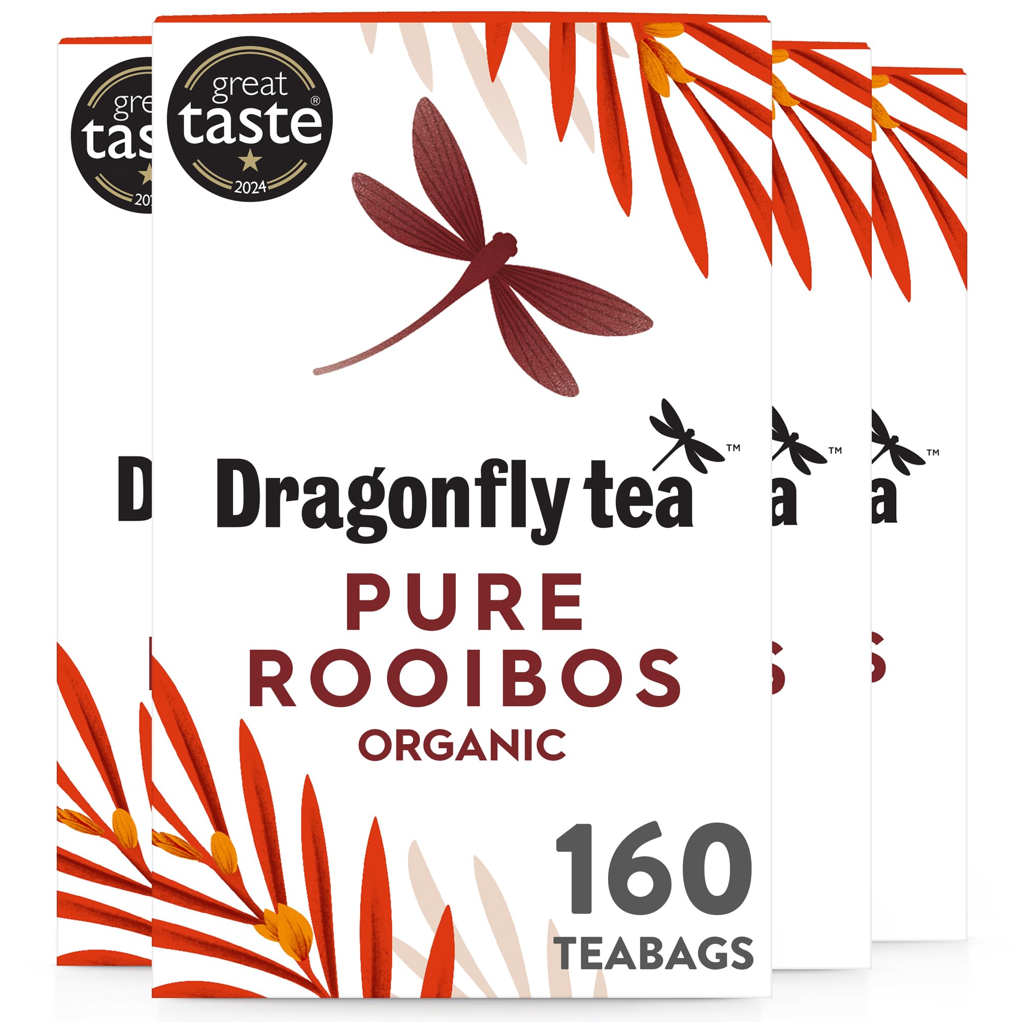 Dragonfly Rooibos Tea | Pack of 4 x 40 Organic Tea Bags (160) | Naturally Sweet Herbal Tea Bags | Rooibos Tea | Caffeine-Free Tea | Biodegradable Tea Bags