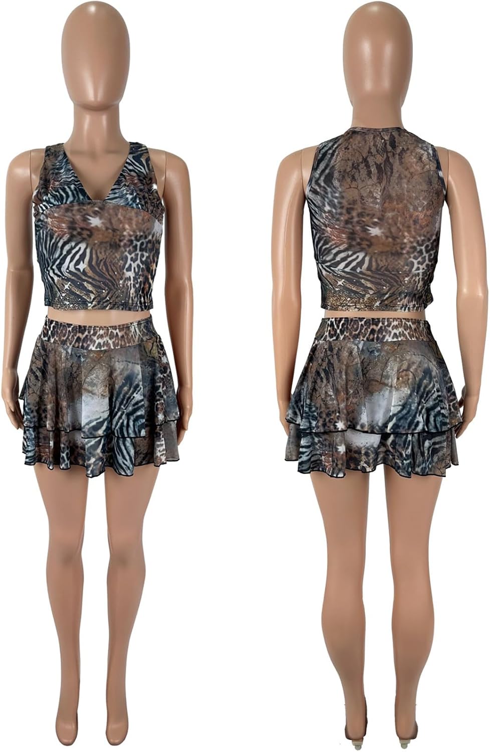 Summer Two Piece Sets for Women Deep V-neck Sleeveless tank top and leopard print Mini Skirt Sets nightclub beach - Image 7