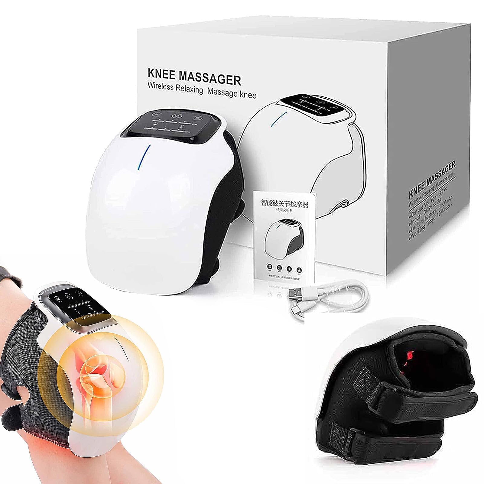 Masajeador de Rodilla Inalámbrico, Pantalla LED Grande Inalámbrica Masaje Inteligente de Rodilla Recargable, Ciclo de Calefacción y Vibración, Intensidad Regulable, 1 Articulo
