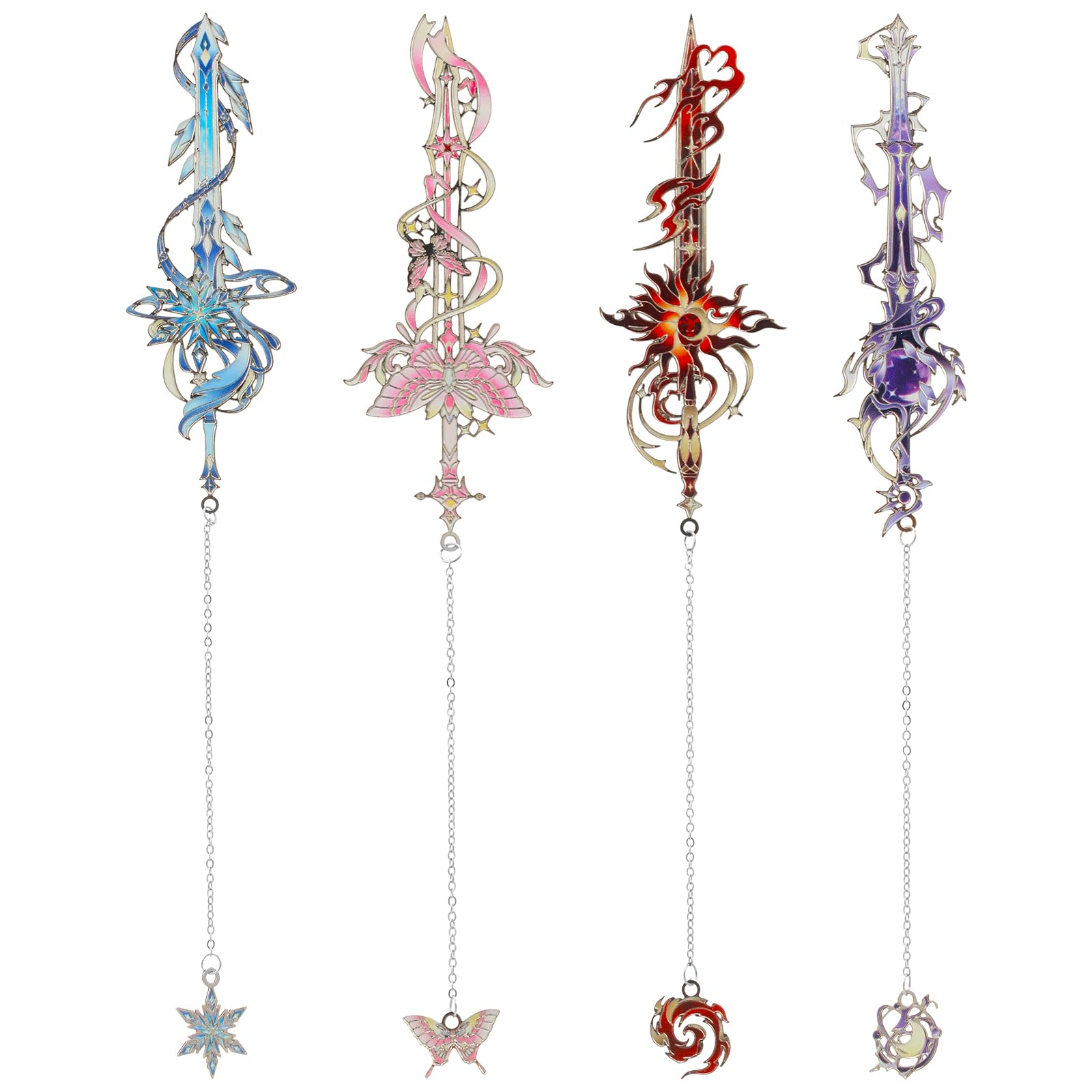 4 Pcs Metal Sword Bookmarks Set, Fantasy Medieval Knight Sword Page Markers with Tassel Chain Pendants, Cool Vintage Book Accessories & Bookish Reading Gifts for Men, Women, Teens & Book Lovers (10cm)
