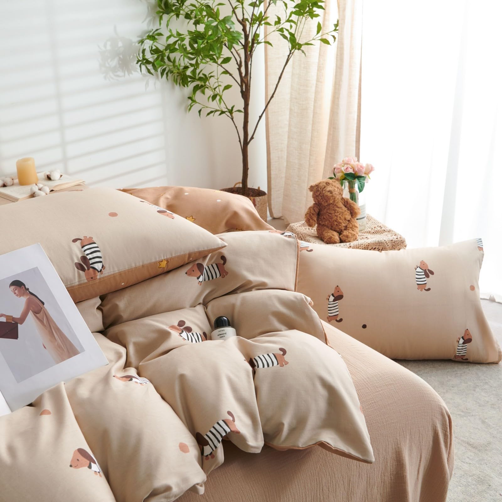 Tospass Set di biancheria da letto in cotone, 135 x 200 cm, colore kaki, bassotto colorato, per ragazze, con motivo a cane, copripiumino con chiusura lampo e federa 80 x 80 cm