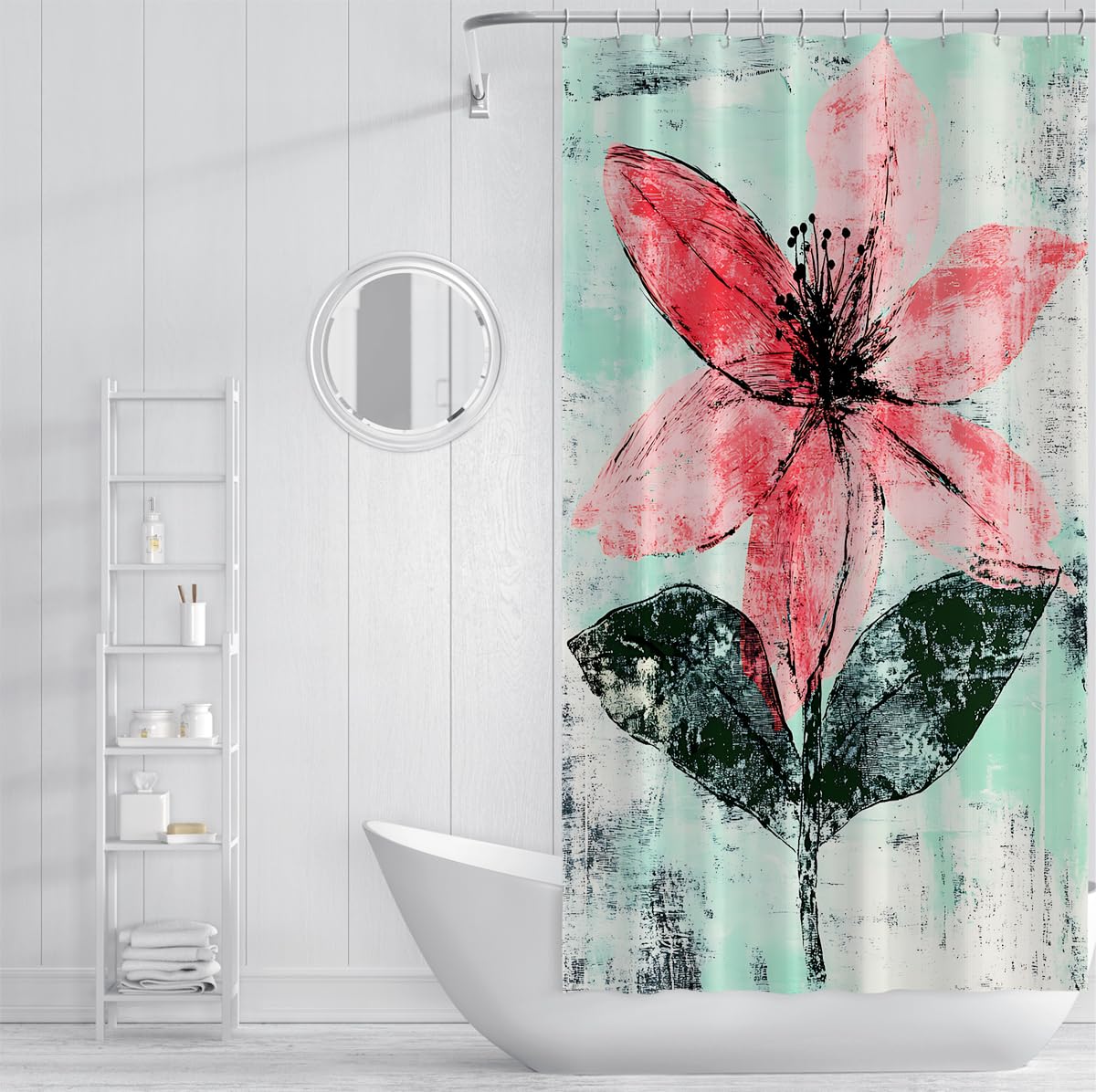Rideau de Douche Fleuri Abstrait pour Salle de Bain, Ensemble de Rideaux de Bain en Tissu Graffiti Chic avec Crochets en Plastique, imperméable Lavable à séchage Rapide W180xL200 cm