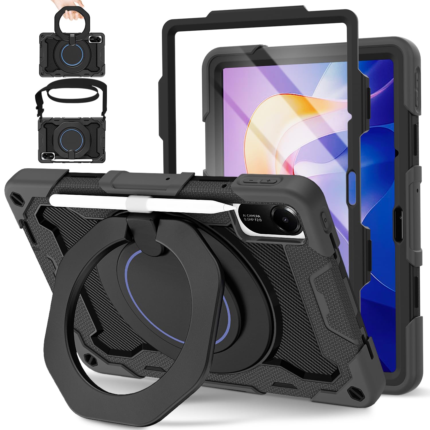 ROISKIN Xiaomi Redmi Pad 2 Case 11 Inch 2025 with Screen Protector, Shoulder Strap, Pen Holder, Heavy Duty Shockproof Military Case for Redmi Pad 2, 360° Rotating Stand for Children, Black black Redmi Pad 2 11 Zoll 2025