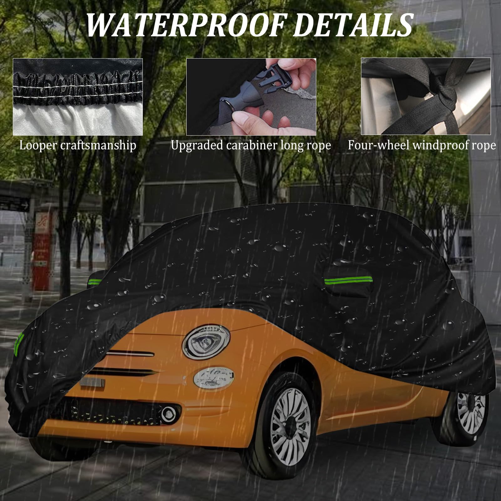 Bâche de Voiture Étanche pour Fiat 500/500C/500E/Abarth 500 2007-2024, Housse Voiture Impermeable Housse de Protection Voiture Exterieur avec Zip et Sangle Coupe-Vent