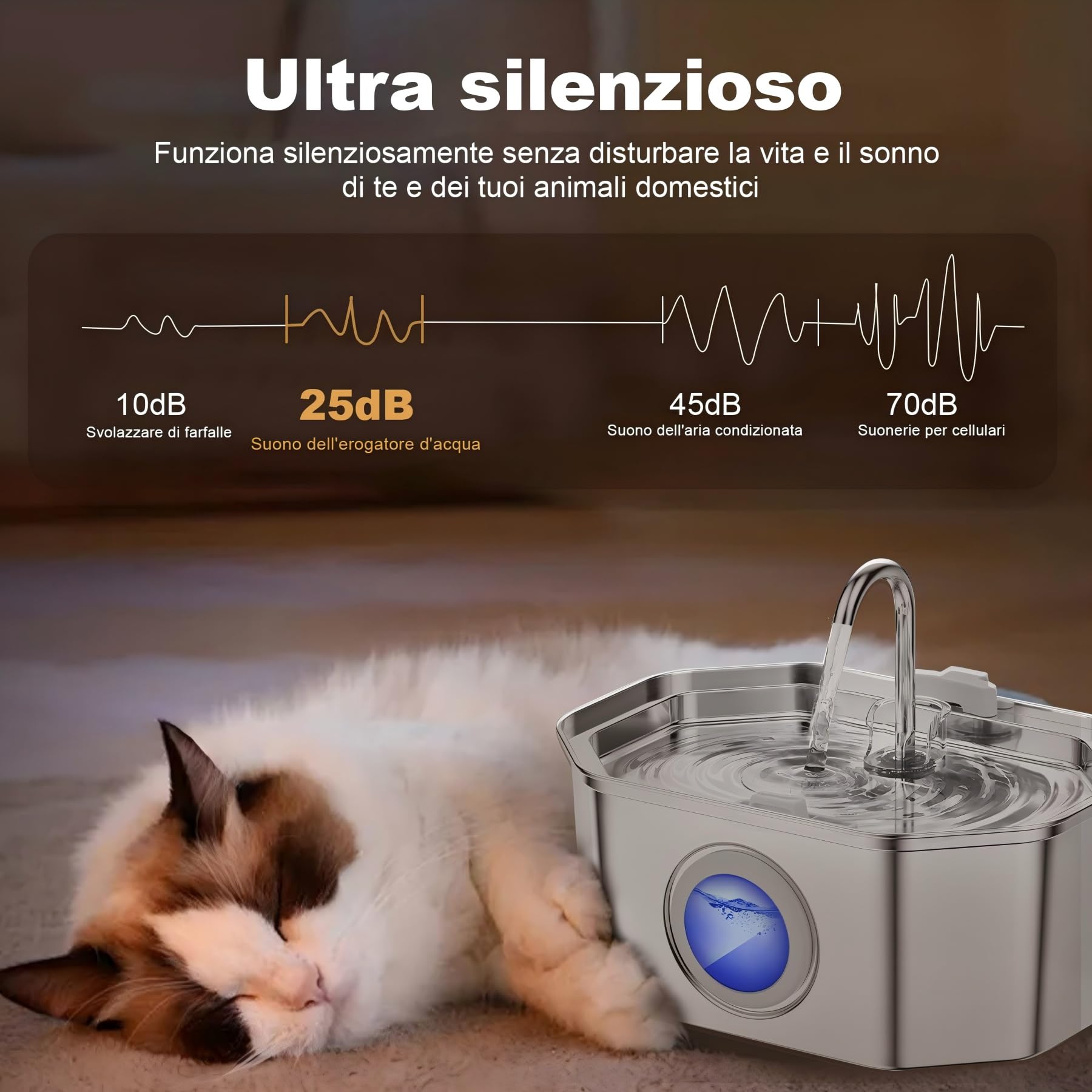 Fontanella per gatti,Apauk 3.2L fontanella per gatti acciaio Inox, Ultra silenziosa,con finestra LED, sistema di filtraggio multistrato (con 2 filtri & 2 spugne S)