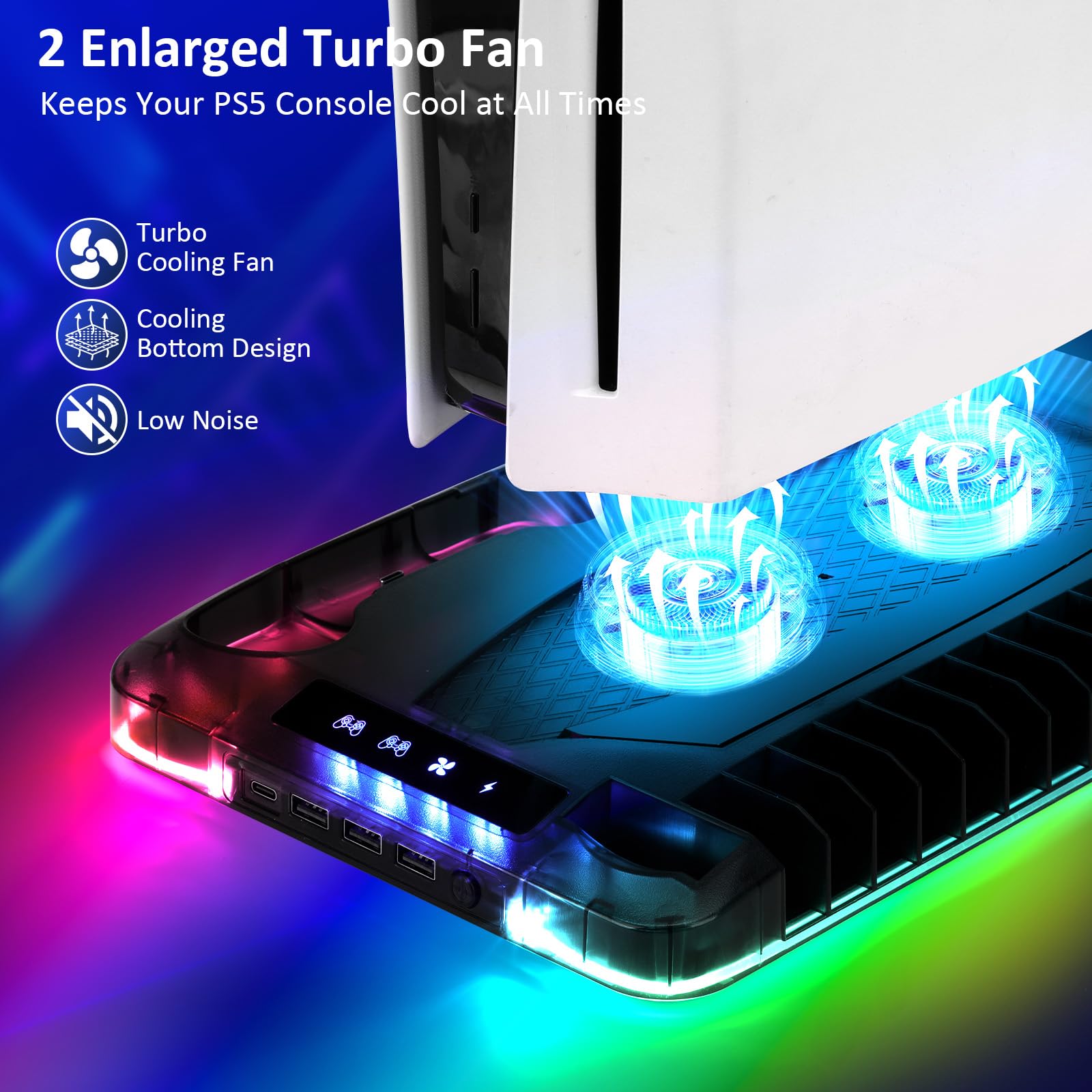 Supporto PS5/PS5 Slim/PS5 Pro con Ventola & Luce RGB, Trasparente PS5 Stazione di Raffreddamento Supporto di Ricarica con Controller Ricarica Stazione di ricarica per PS5/Slim/Pro Disco &Digital