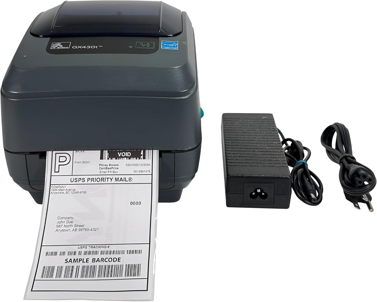 Impresora térmica de etiquetas de código de barras Zebra GX430T 300 DPI - USB, Ethernet (LAN) y serie - GX43-102410-150 con adaptador de CA (renovado)