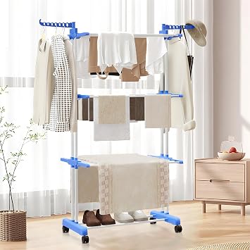 Drying Rack 3 Tier Foldable Clothes Rack Drying Rack Portable Indoor and Outdoor Rolling Clothes Rack with Foldable Wings and Casters for Bedroom