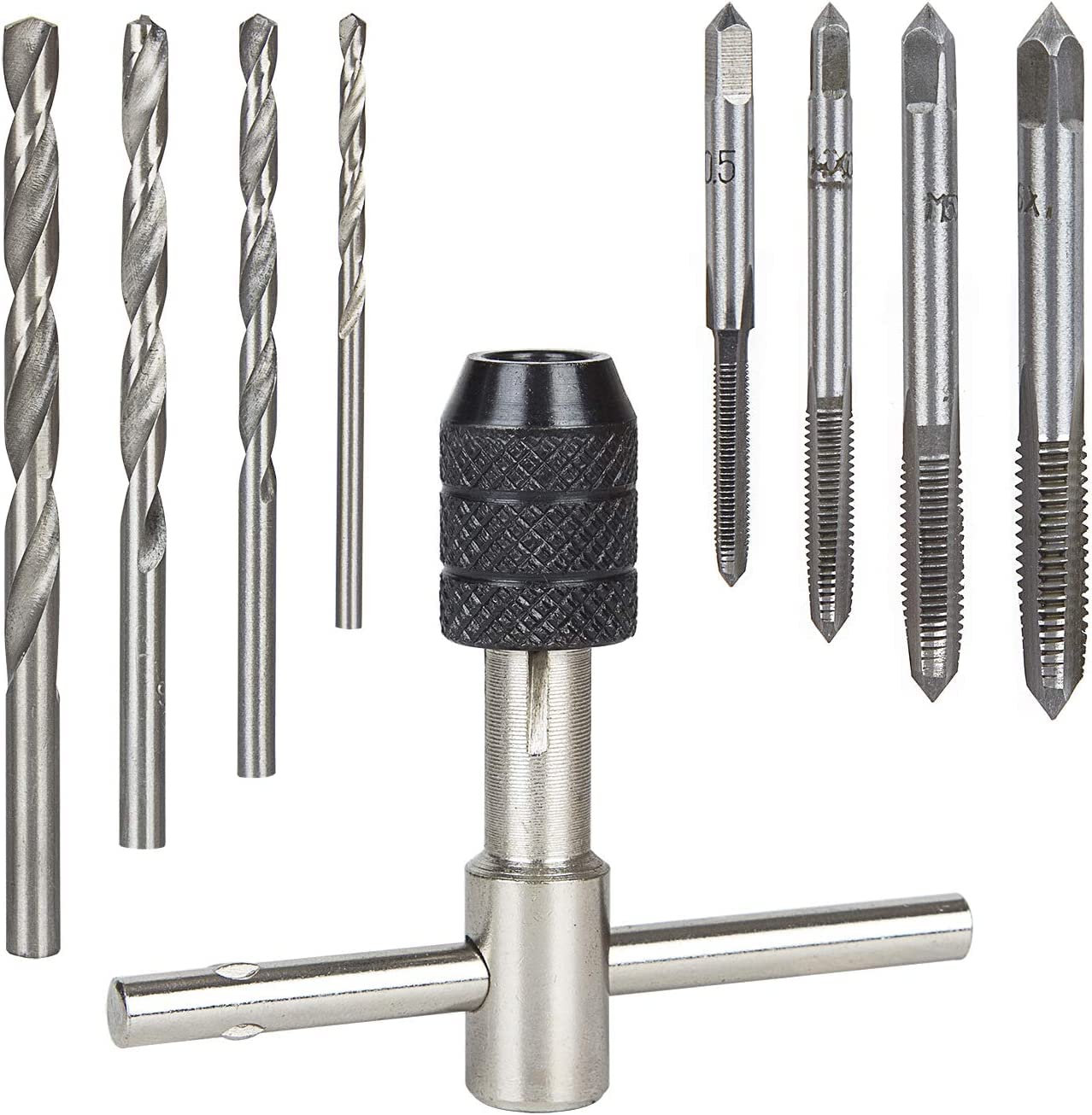 uptodateproducts 9 Pc Adjustable T-Handle Tap Wrench - Tapping Threading Tool Set with 4 Metric Taps (M3-M6), 4 Drill Bits 3
