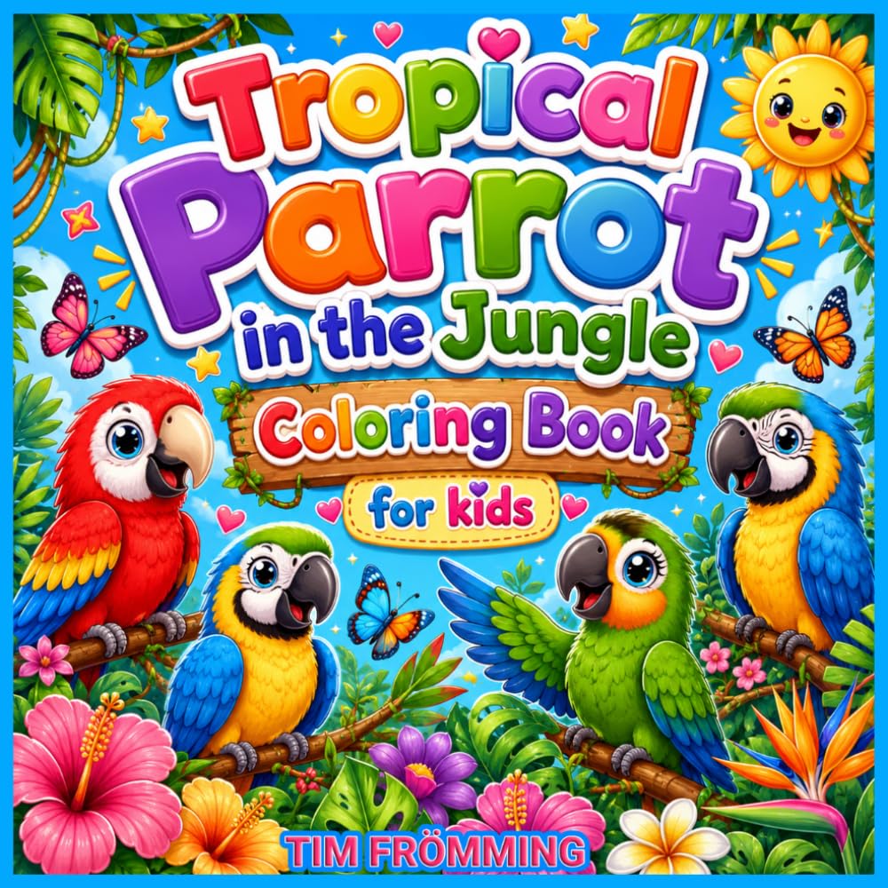 Tropical Parrot in the Jungle Coloring Book: Cute and Easy Parrot Coloring Pages for Kids Ages 4-8 with Tropical Birds, Jungle Animals, Flowers, ... Fun (Cute & Easy Coloring Adventures)