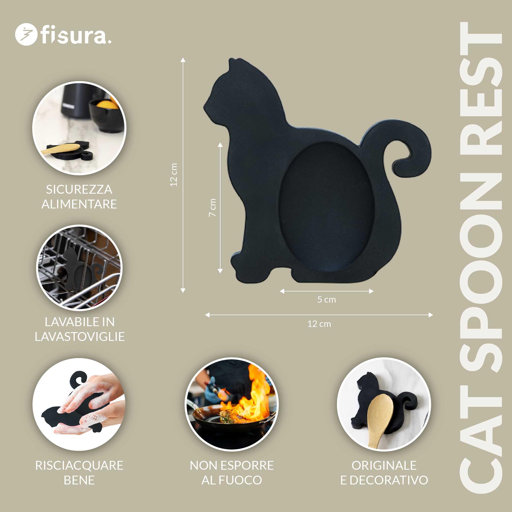 FISURA - Originale poggia-cucchiaio a forma di gatto. Poggia cucchiaio in silicone. Portautensili nero. 12x12 centimetri.