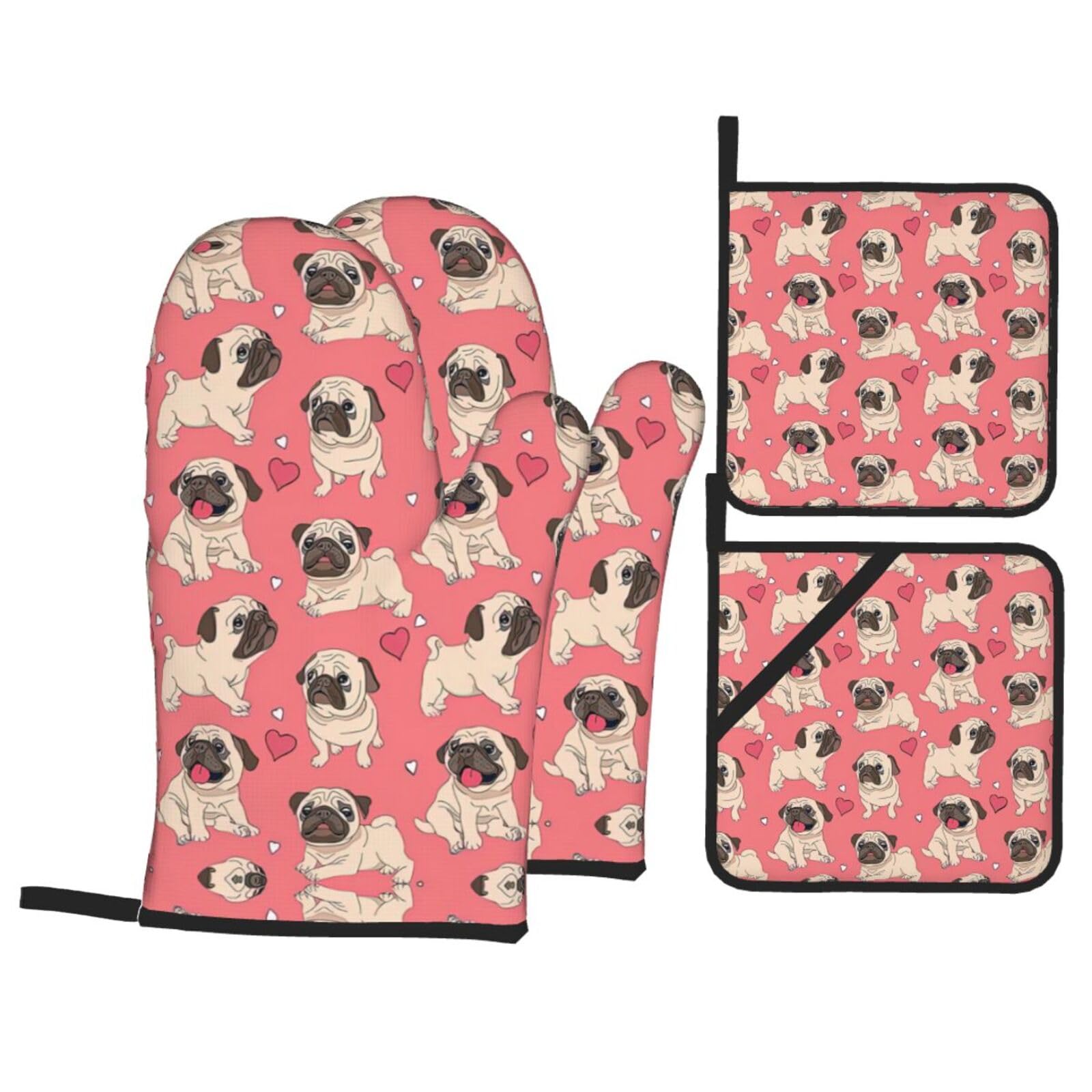 Funny Cartoon Pug Puppy Dog Print Oven Microwaving Waterproof Kitchen Gloves for Baking Grilling Holiday Cooking