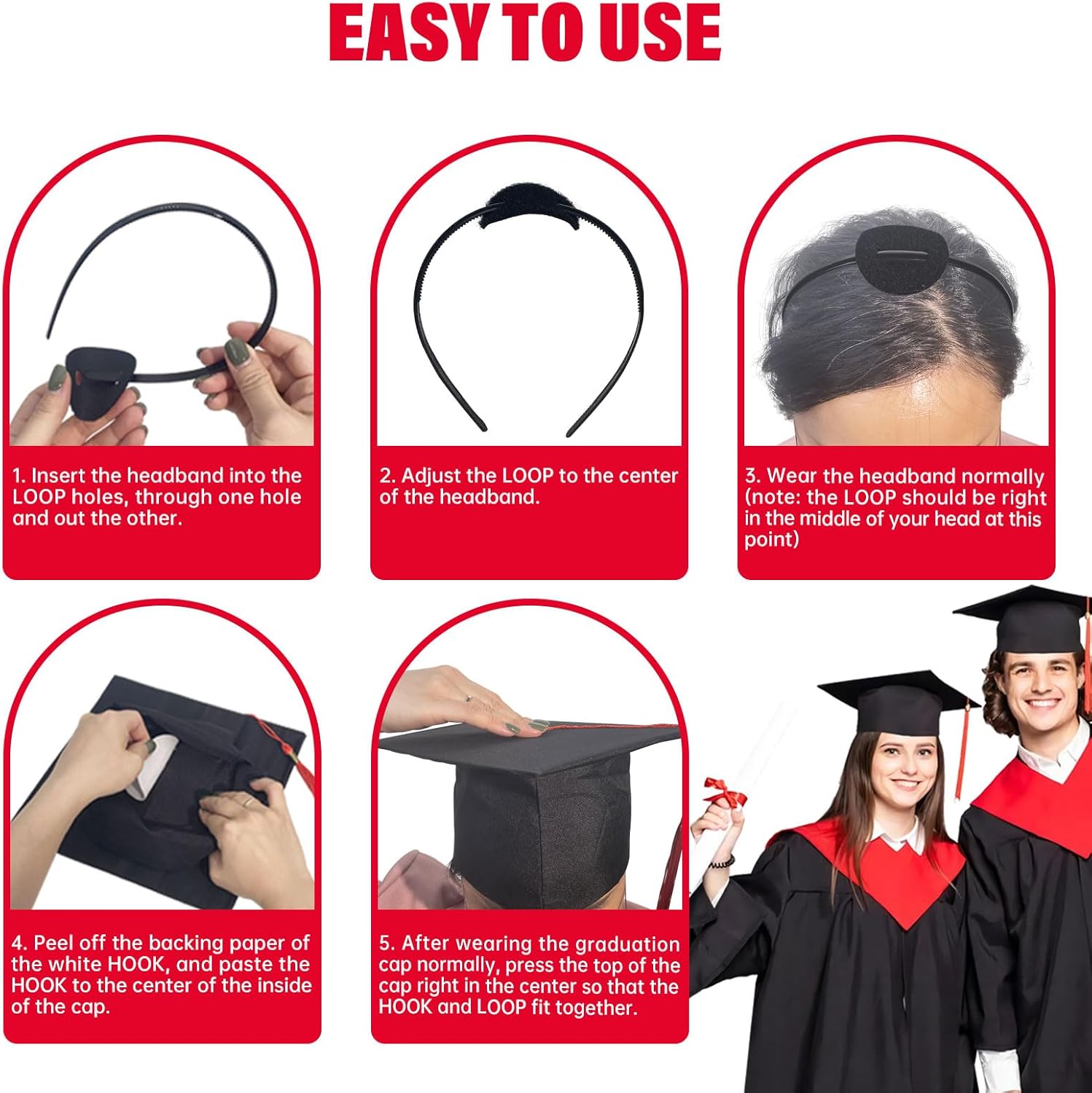 2 Pack Graduation Cap Headband - Grad Cap Head Band Insert with Hook and Loop Sticker - Graduates Essential Hairband for Securing Graduation Hat - Image 3