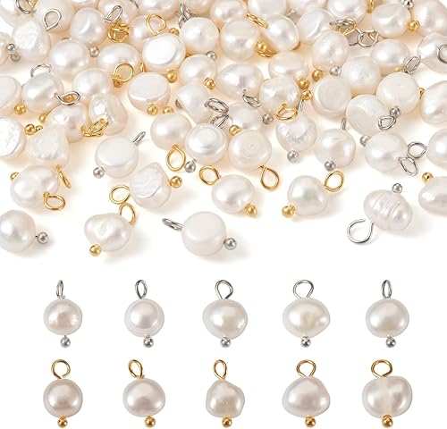Crafans Abalorios de perlas naturales con bucles de perlas cultivadas de agua dulce con lazo para fabricación de joyas, Platino Perla Latón, Perla