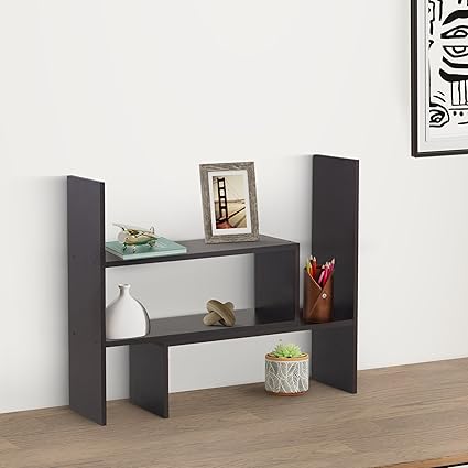 Amazon Brand - Solimo Adjustable Wood Desktop Storage Organizer Display Shelf Rack | Spice Rack | Counter Top Bookcase Book Shelf | Home D?cor Display & Storage Rack | Cabinet Unit |Black