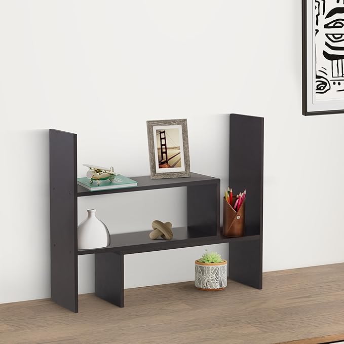 Solimo Adjustable Wood Desktop Storage Organizer Display Shelf Rack | Spice Rack | Counter Top Bookcase Book Shelf | Home Décor Display & Storage Rack | Cabinet Unit |Black