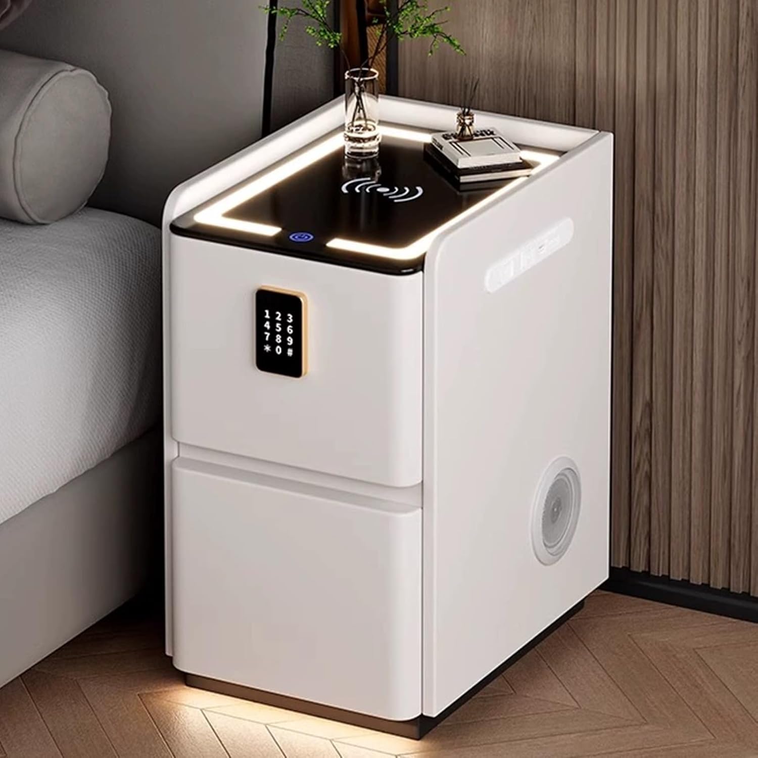 Night Stands with Charging Station and USB Ports, 3 Color LED Lights and Bluetooth Speaker Nightstands 2 Drawers Side Table with Password Lock(Off-White,11.8in/30cm)