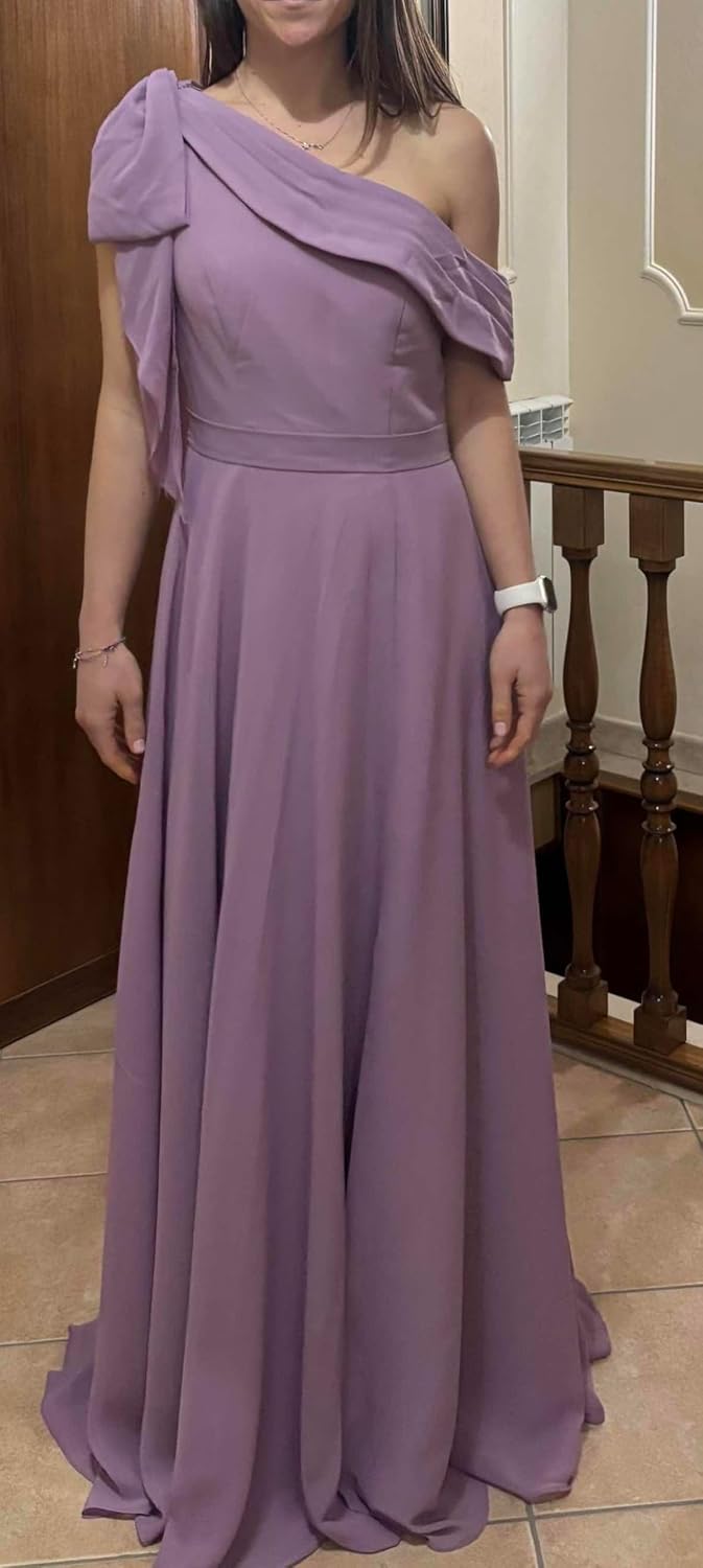 One Shoulder Chiffon Bridesmaid Dresses for Women A Line Pleated Formal Evening Gown with Slit - Image 9