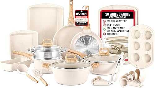 Bakken-Swiss - Juego de utensilios de cocina de 20 piezas, antiadherentes de granito, ecológicos, para todas las estufas y hornos