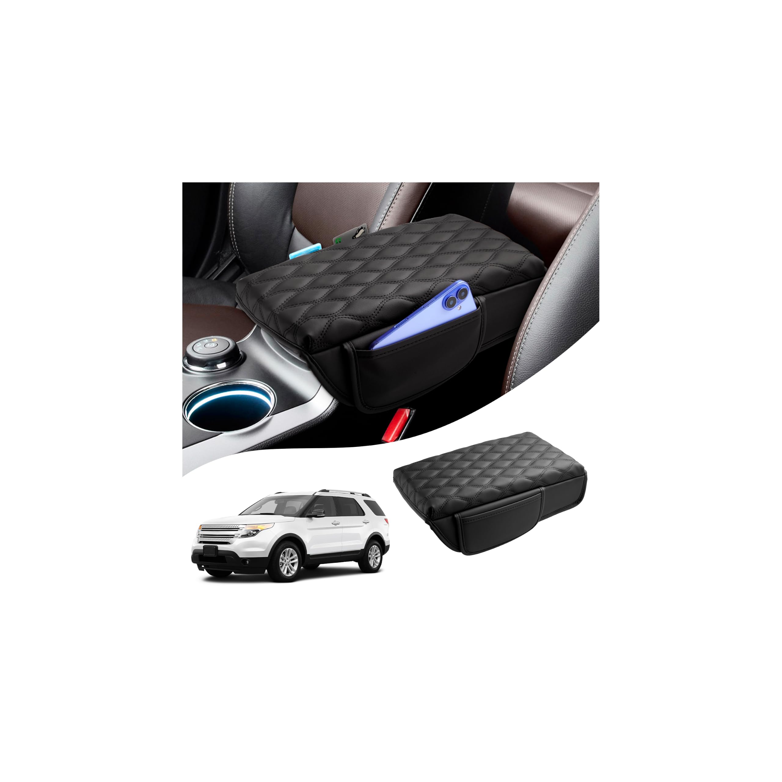 Autorder Center Console Cover for Ford Explorer 2011-2019 Accessories Armrest Cushion Cover Leather Middle Console Pad with Pockets Storage Bag Anti-Scratch Armrest Pad for Cat Dog Pet