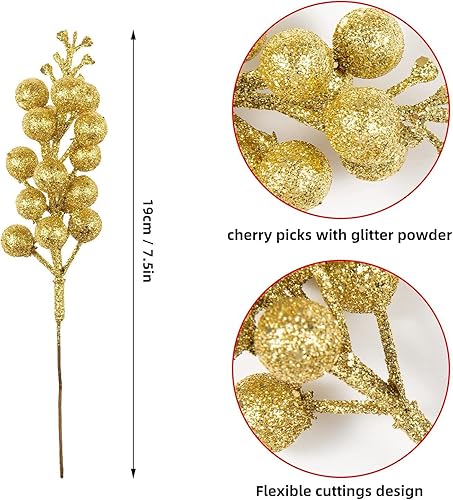 Miniatura 4 de YYCRAFT Tallos de bayas con purpurina, púas de bayas artificiales de 9.5 pulgadas para adornos de árbol de Navidad, corona de Navidad, manualidades,