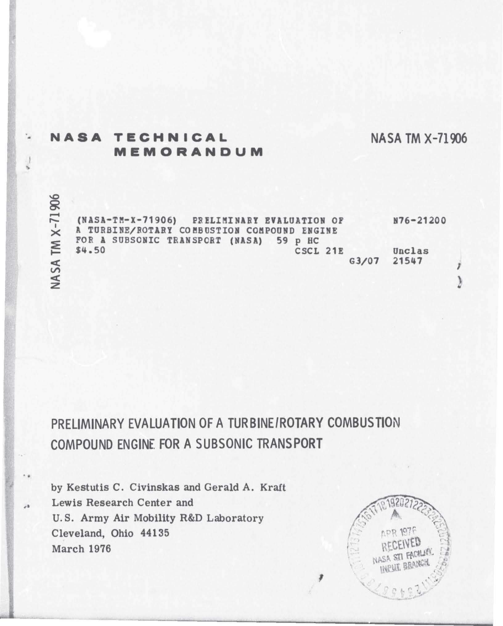 Buy Preliminary Evaluation of a Turbine/Rotary Combustion Compound